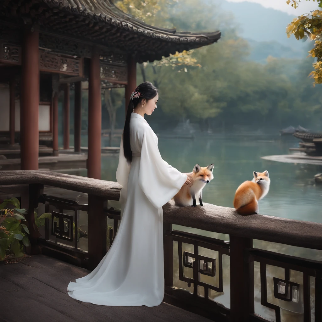((4K、masterpiece、top-quality))、shuimobysim、Traditional Chinese Ink Painting、lotuses、Hanfu、Maxi Kit、One girl dressed up modestly、独奏、white hair、fox ear、blanche、AngelT、many fish close to the girl、looking at viewert