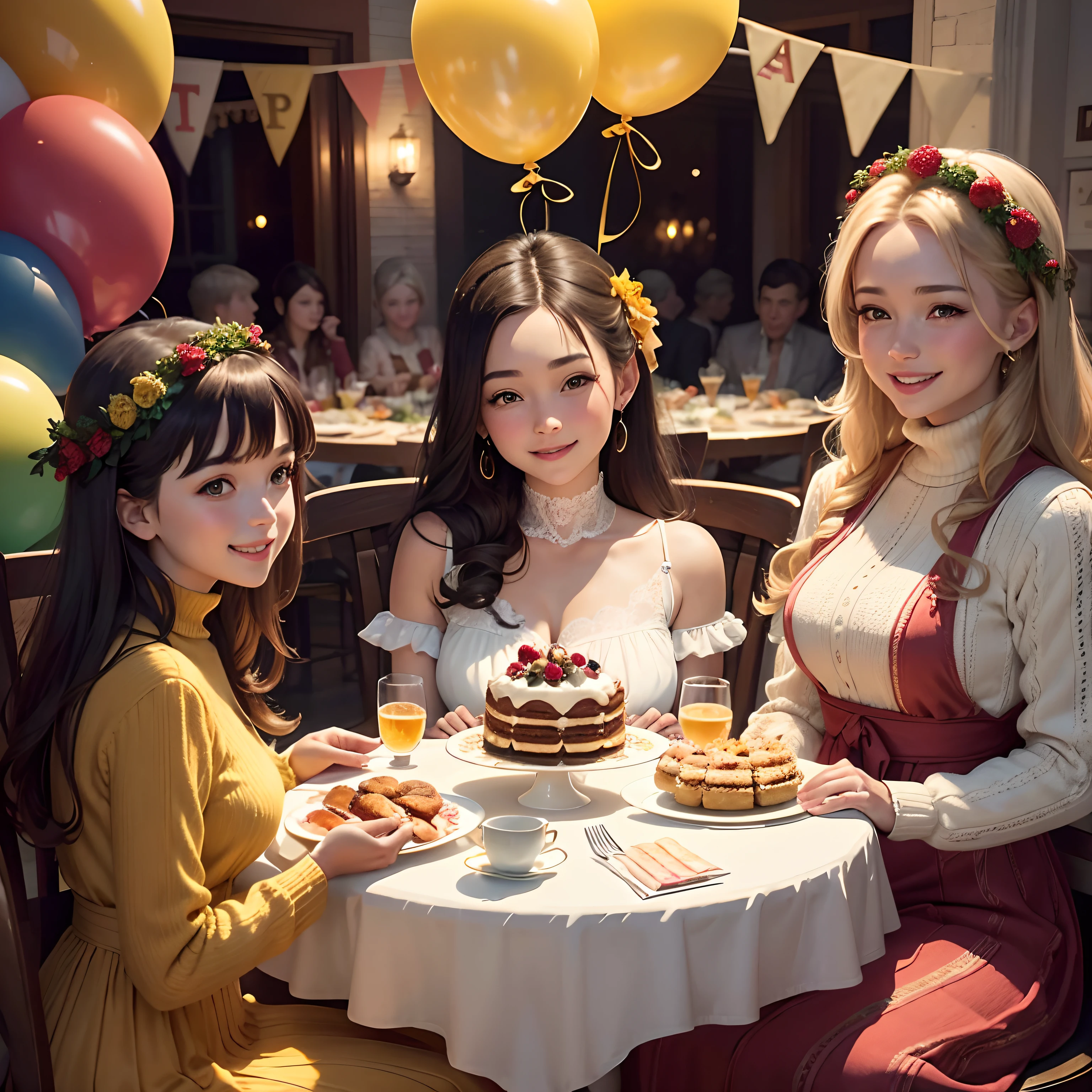 High resolution, super realistic, This artwork depicts a birthday party where people sit around tables and enjoy good food and joy. The table was filled with sumptuous food and drinks with cakes, fruits, desserts and wines. Everyone had smiles on their faces, talking to each other and blessing each other. Three birthday girls sits in the center of the table with a bouquet of carefully selected flowers and some birthday presents. Their faces showed expressions of contentment and joy, as if this moment was the best moment of life. They are wearing vintage lace dress and turtlenecks
The color tone of the whole picture is mainly warm golden yellow, which makes people feel warm and happy. Balloons and streamers hang from the surrounding seats and walls, adding to the festive atmosphere. Every detail in the picture is full of delicacy and vividness, making the viewer feel as if they are in the scene and feel the joyful atmosphere of the birthday party.