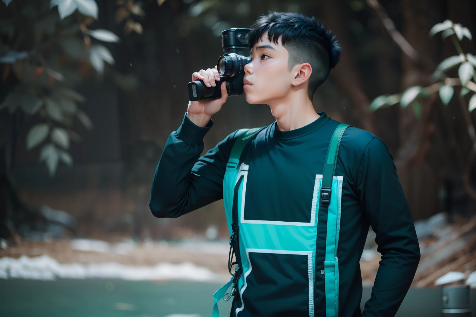 Boy with camera and lenses really stick face High quality