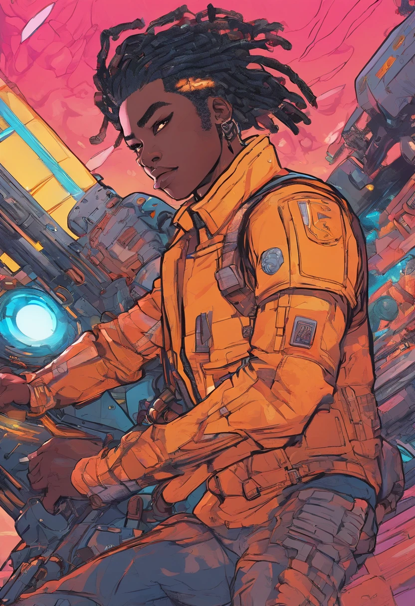 Young an image of man traveling in space, cabelos escuros, olhos azuis, medium stature, (intricado), (detalhado), arte digital, dinamic pose, em um campo de batalha comicYoji Shinkawa Phoenix no estilo de fundo com ouro brilhante ,Black man with glasses and shaved hair, 16k, UHD, best possible quality, ultra detalhado, best possible resolution, Motor Unreal 5, fotografia profissional, perfeito, Furtastic_Detailer, ((Neon light)), Punk rock, menina do tanque, alto detalhamento, 8k