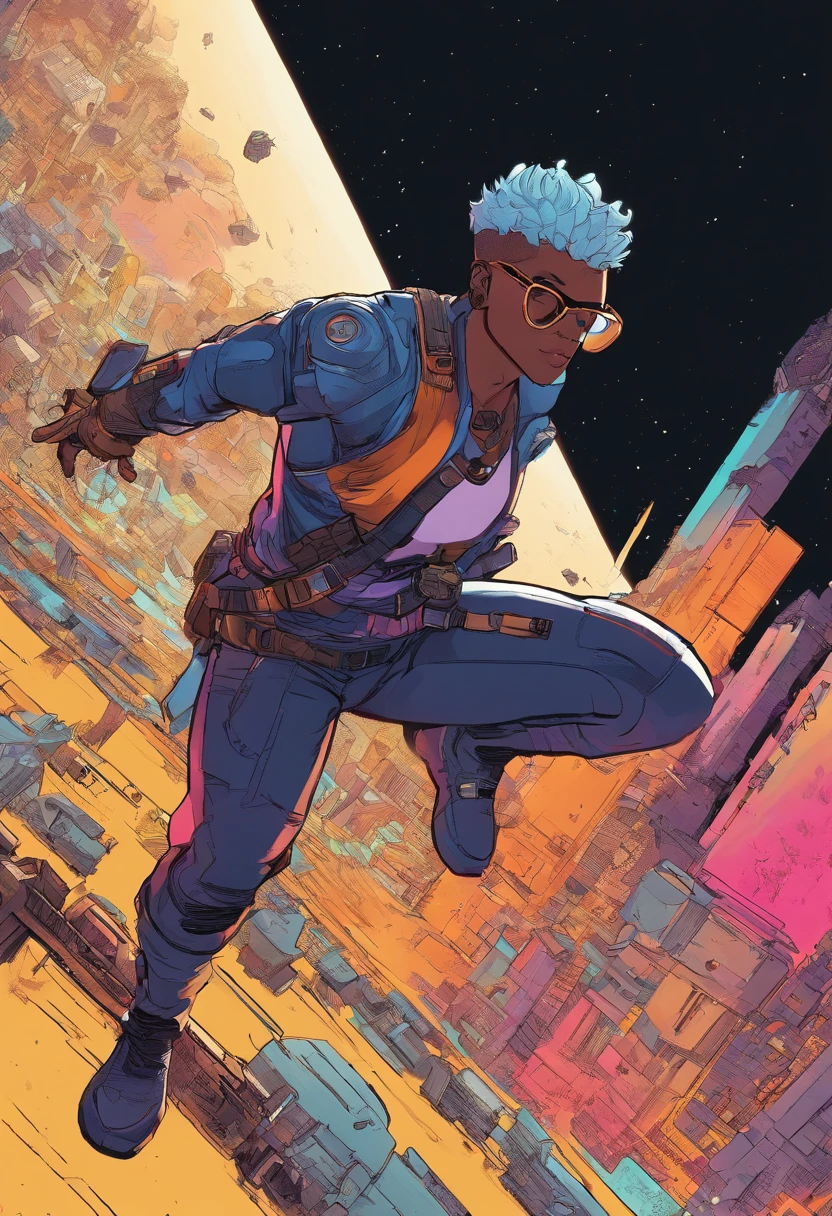 Young an image of man traveling in space, cabelos escuros, olhos azuis, medium stature, (intricado), (detalhado), arte digital, dinamic pose, em um campo de batalha comicYoji Shinkawa Phoenix no estilo de fundo com ouro brilhante ,Black man with glasses and shaved hair, 16k, UHD, best possible quality, ultra detalhado, best possible resolution, Motor Unreal 5, fotografia profissional, perfeito, Furtastic_Detailer, ((Neon light)), Punk rock, menina do tanque, alto detalhamento, 8k