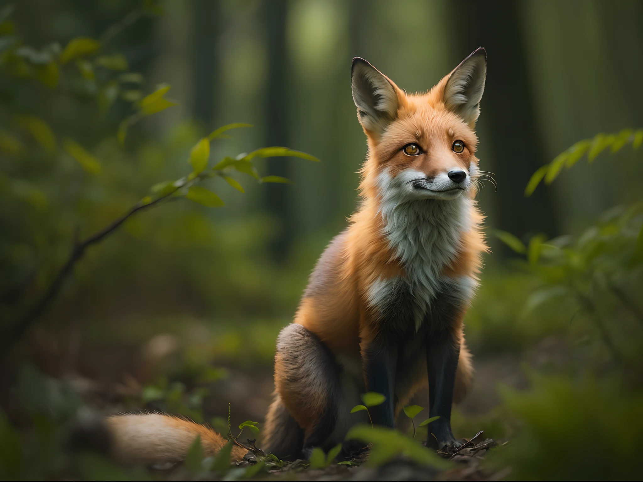 Photo of a red fox、A forest、haze、Halation、Floral、dramatic atmosphere、central、thirds rule、200mm 1.4f tiro macro、(texturas naturais da pele、Hiper-realismo、luz suave、Sharp:1.2)、(detalhe intrincado:1.12)、NFFSW、(detalhe intrincado、ultra-detalhada:1.15)、arte de Greg Rutkowski e Artgerm、soft cinematic lights、Adobe Lightroom、photolab、NFFSW、Complicado、ighly detalhado、(profundidade de campos:1.4)