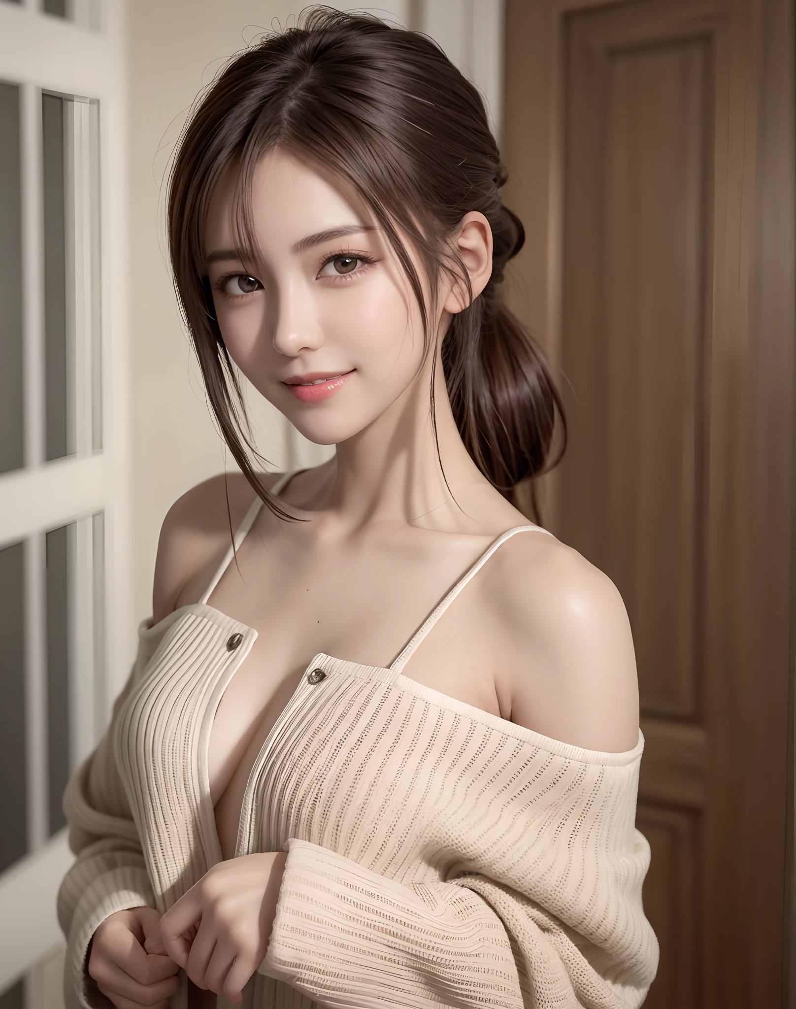 (Best Quality), (masutepiece), (High resolution), (Intricate details:0.2),(Professional Lighting), dressing gown, Detailed background,off shoulders, (Previous view), 1girl in, Solo, (Beautiful face),  Slim body, Fine skin, Smile, brown hair in a ponytail, Beautiful eyes,  look at at viewer,