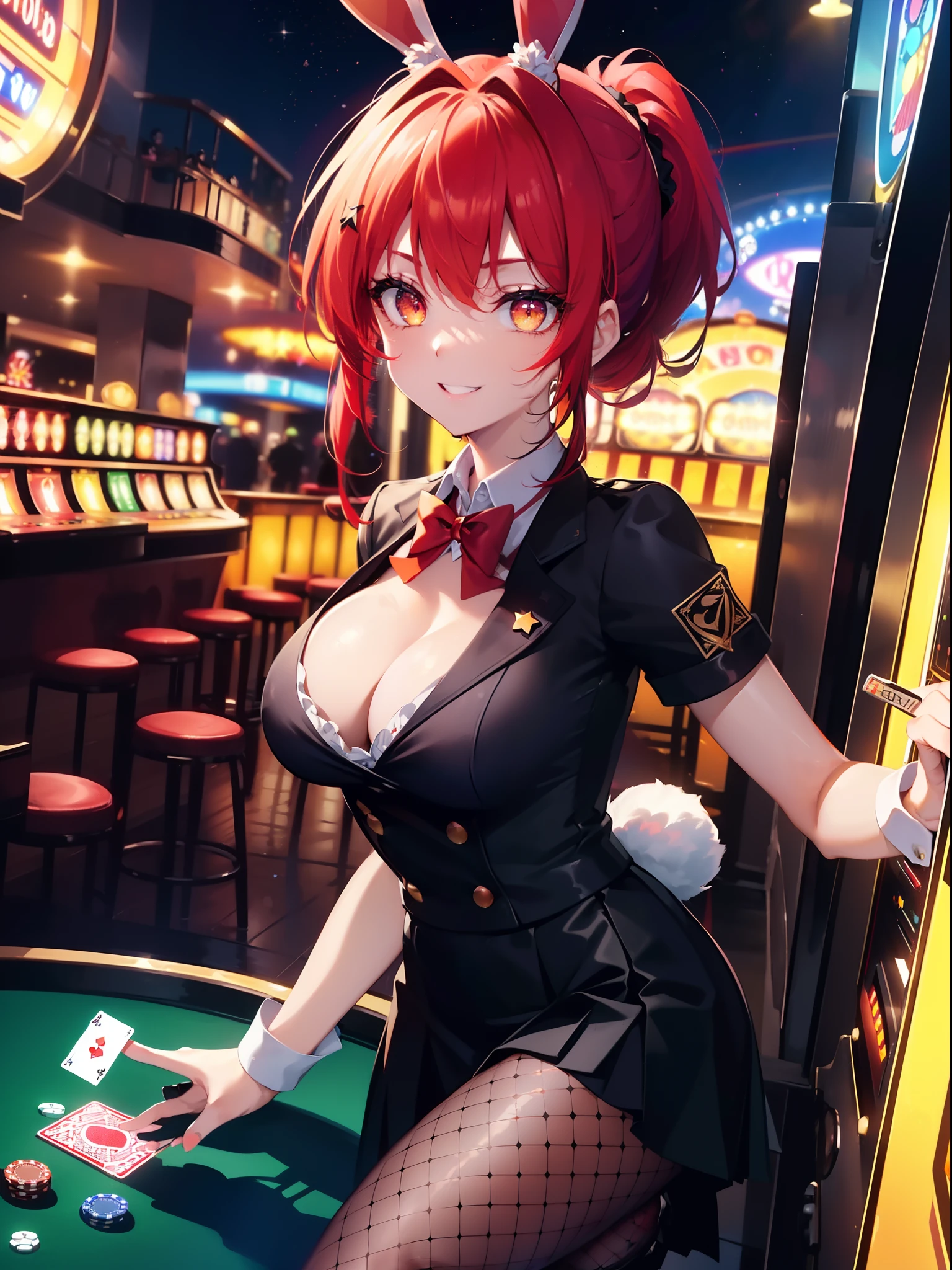 (Black tights and skirt:1.3),(Cat's ears:1.3),(Bright red hair ponytail with details:1.7),(Pupil Focus:1.3),(Slim Face:1.3), (slot machine millionaire:1.3),(Excited smile:1.3) ,(large full breasts:1.0),(Black Uniform Dealer Costume:1.3),(big eye:1.3), (fishnet tights:1.2), (Exposing breasts:1.3), (Rabbit ears:1.3), (The number 7:1.3),(777:1.3),7 Design,Bar Design,Casino Text,pentacle,gold rush,Casino Poker,Casino Roulette,Neon Beam,Canon 5D, 85 mm, Depth of subject, 8K, ultra sharpness, nffsw, octane, Unreal, Dramatic light, Global Illumination,Motion Picture Film,rainbow,lensflare,(Orange Eyes:1.3),extremely detailed eye,(Star Rainbow Art:1.3),(PlayingCards:1.3),(Agfacolor:1.3),(close portrait:1.3),(Feminine:1.4),(Beautiful:1.4),(Attractive:1.3),Move an angle,perfectly detailed eyes,Themed Background,