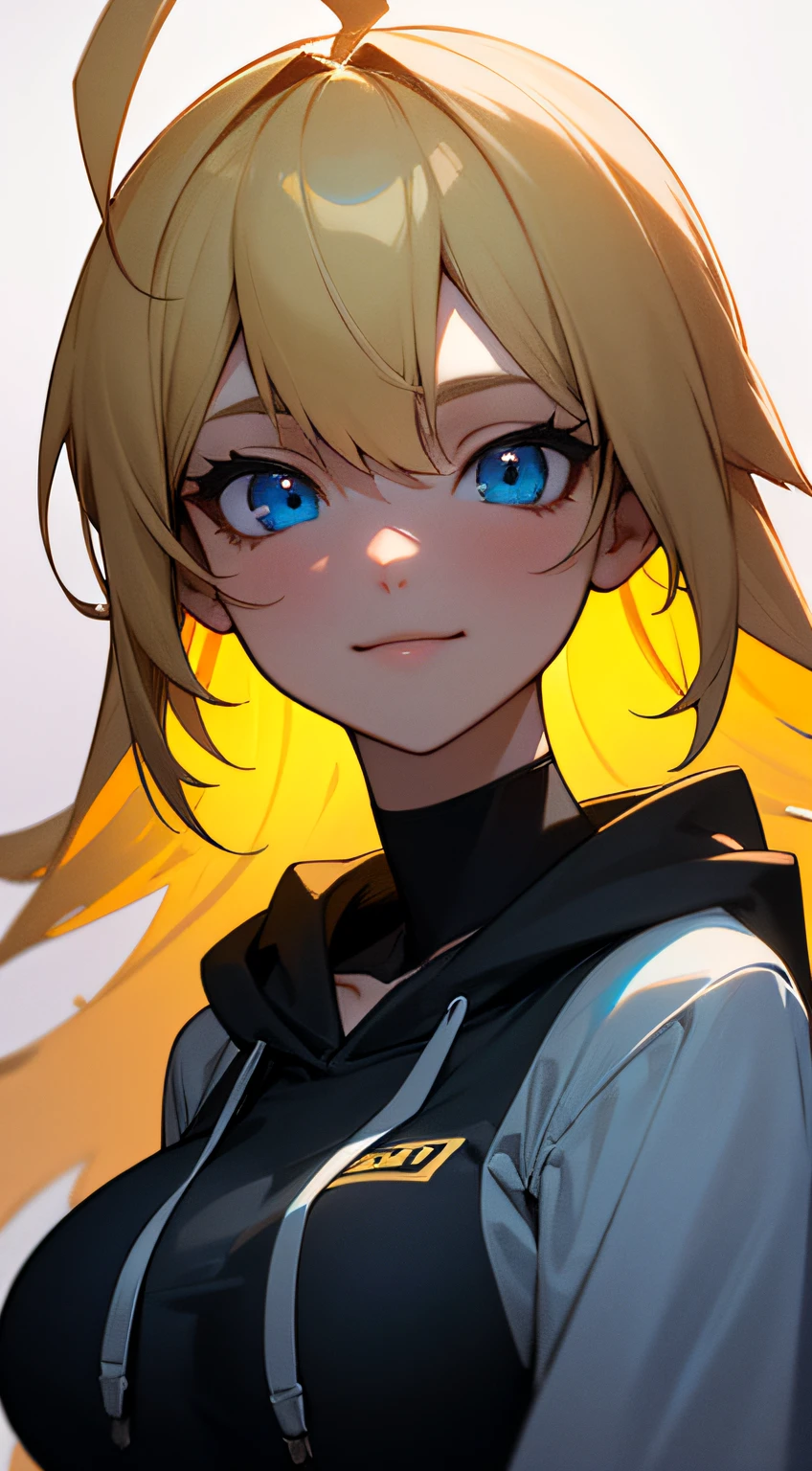 (best quality,4k,8k,highres,masterpiece:1.2),ultra-detailed,1 girl in, juego CG, hoodie, panties, giant breasts, blonde hair, long hair, Ahoge, blue eyes, They are smiling, hand gestures, of legal age, soft lighting, portraits
