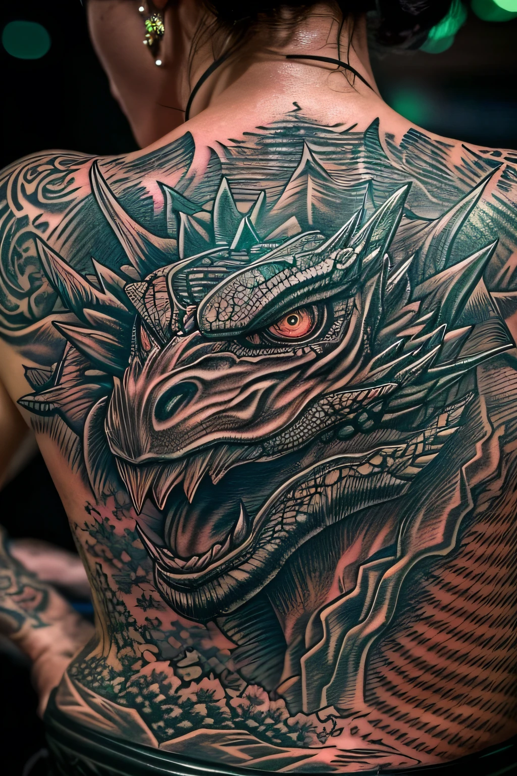 photo of detailed intricate back tattoo of godzilla face close, woman's back, flash photography, dark nightclub