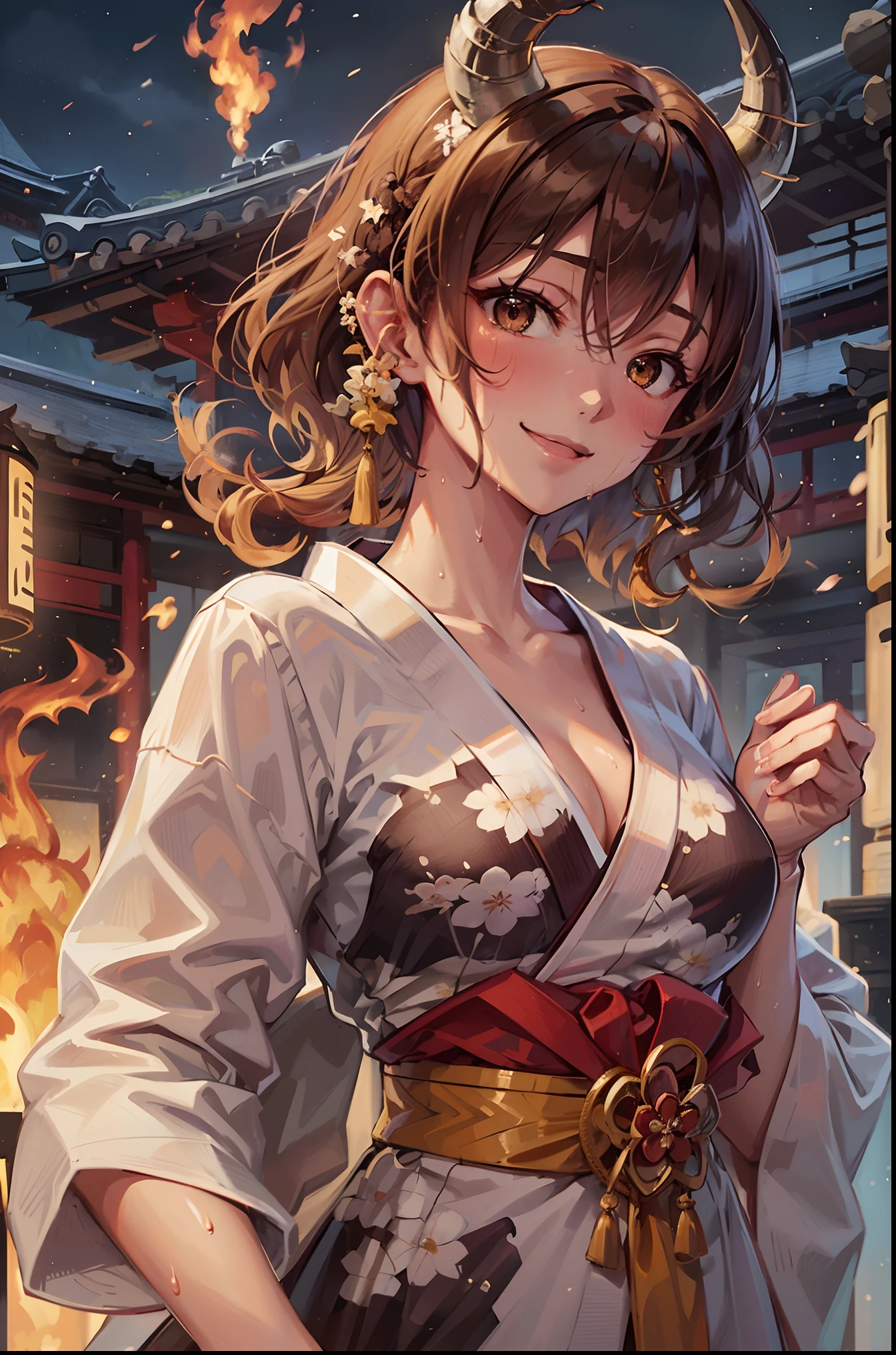 (masterpiece, Best Quality:1.2), (1girl, Solo), 20years old, Upper body, (Kimono, Undressing, White Bikini Bra), (Brown Short Hair, Brown eyes), demon horns on fire, Smile, (Sweat:1.1), gleaming skin, The ancient capital of Japan, night sky, From Side