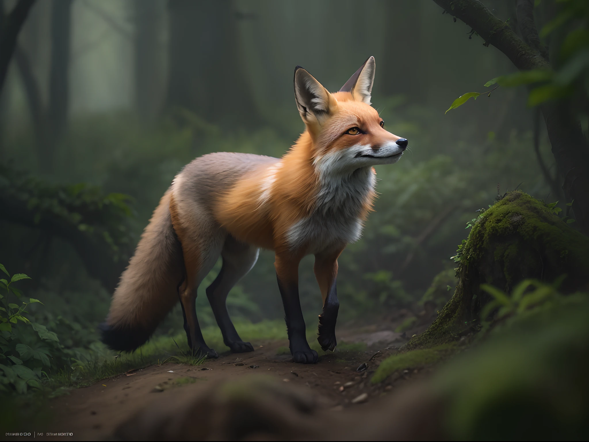 Illustrate a moment when the fox is feeling extremely hungry and desperate for food. Show its longing for a meal and the decision to venture into the forest to find it, style Disney.