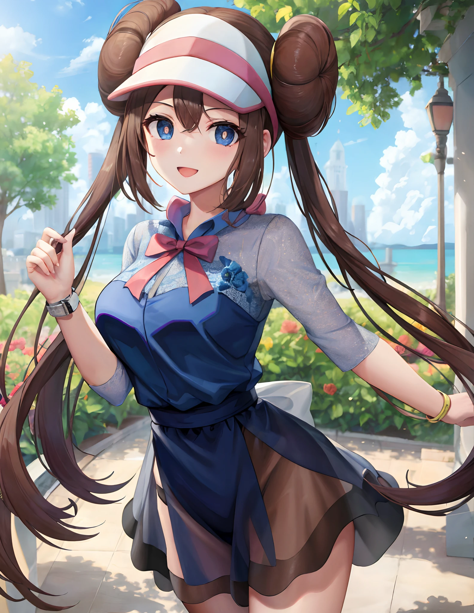 (masterpiece:1.3), (absurdres:1.3), (best quality:1.3), (ultra-detailed:1.3),(best shadow:0.7), (handled hair), perfect anatomy, 1girl, solo, rosa(pokemon), double bun, visor cap, hair bun, long_twintails, brown hair, blue eyes, hair between eyes, large breasts, sightly smile, nuisette, wearing a nuisette, see-through, see-through silhouette, revealing clothes,
