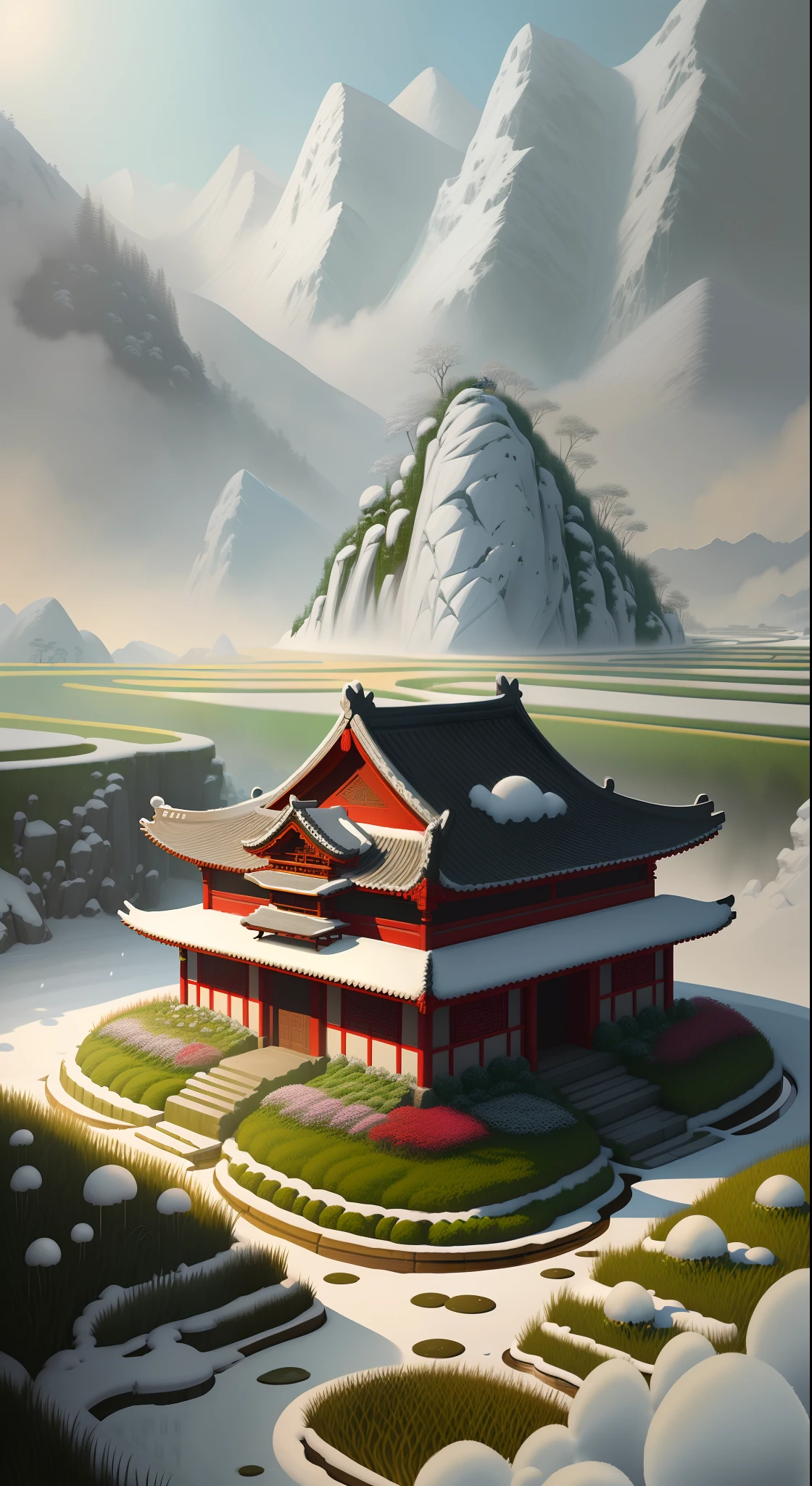 Masterpiece, best quality, high quality, extremely detailed CG unity 8k wallpaper, classical Chinese garden, medieval painting, landscape, winter, ((snow)), outdoor, sky, daytime, water, tree, blue sky, nature, lake, river, cloudy sky, award winning photography, bokeh, depth of field, HDR, bloom, chromatic aberration, realism, very detailed, trends on artstation, trends on CGsociety, intricate, high detail, dramatic, Midjourney art, ink painting style