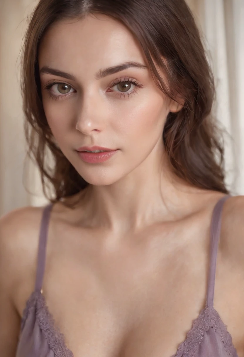 older adult woman with matching tank top and panties, sexy girl with brown eyes, portrait sophie mudd, brown hair and large eyes, selfie of a young woman, bedroom eyes, violet myers, without makeup, natural makeup, looking directly at the camera, face with artgram, subtle makeup, stunning full body shot, in bedroom, cleavage