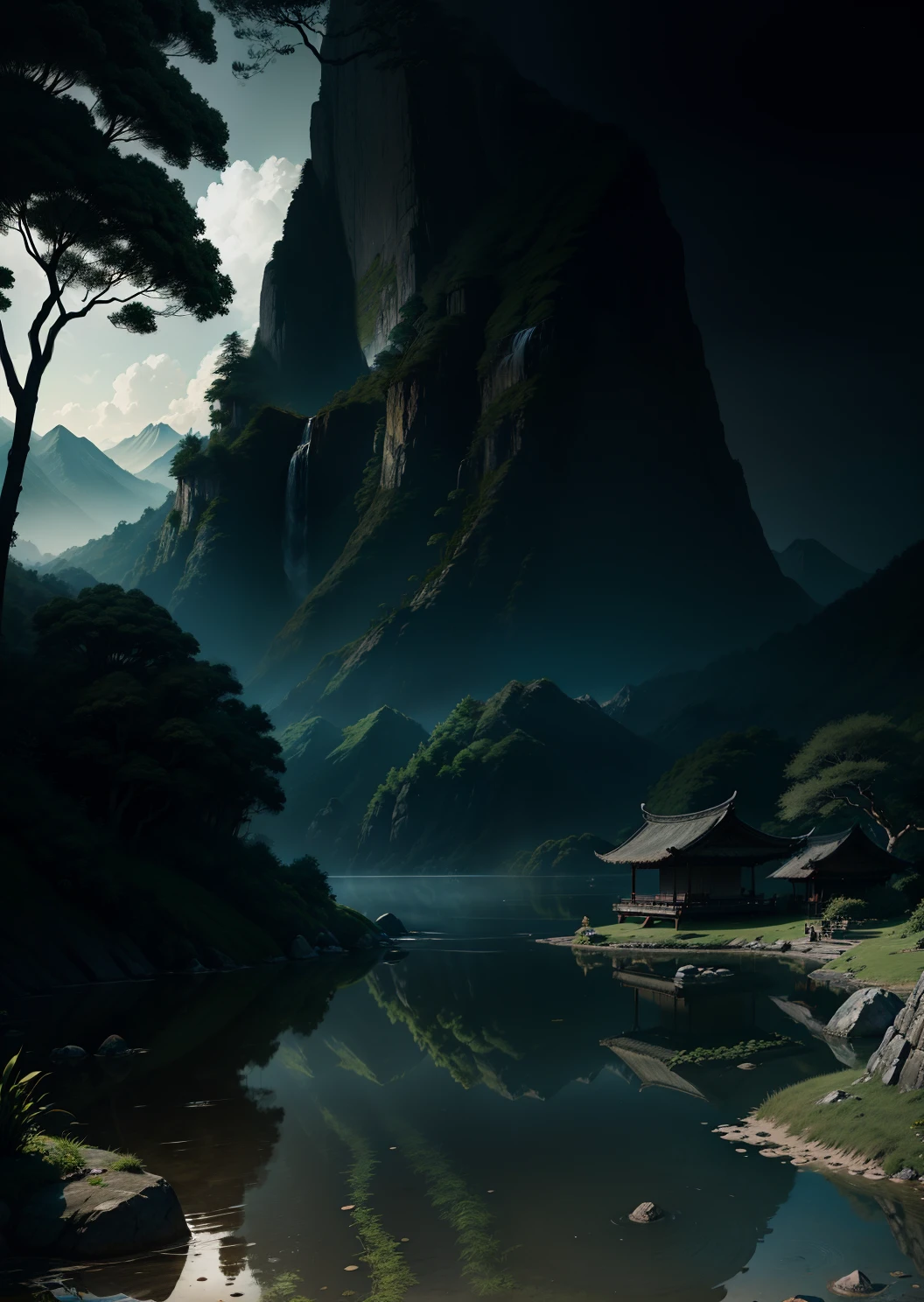 Chinese Antiquity、thatched hut、springtime、jungles、lakes、hole in the mountains、waterfallr,The tree、grassy fields、Rochas、hot onsen、hydrosphere、(illustratio:1.0)、Epic composition、Realistic lighting、high definition detail、tmasterpiece、Best quality