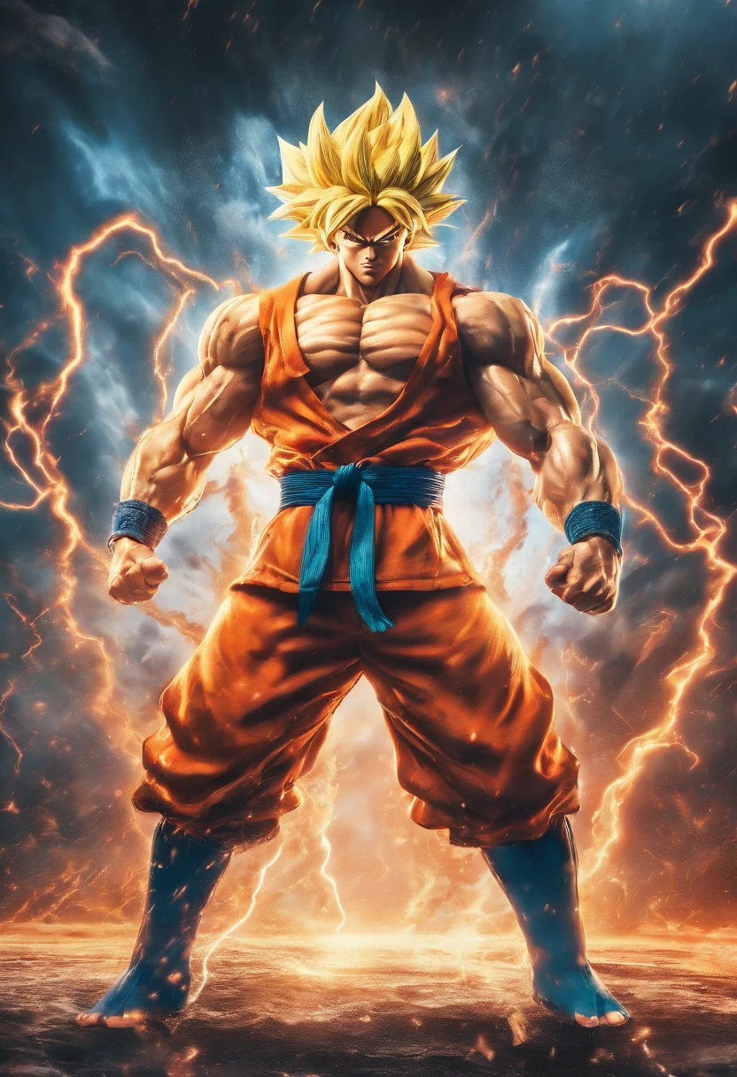 Realistic 3D rendering of Goku Super Saiyan fusion Aquaman, Surrounded by lightning, big muscle, full body photo shot, hyper realisitic