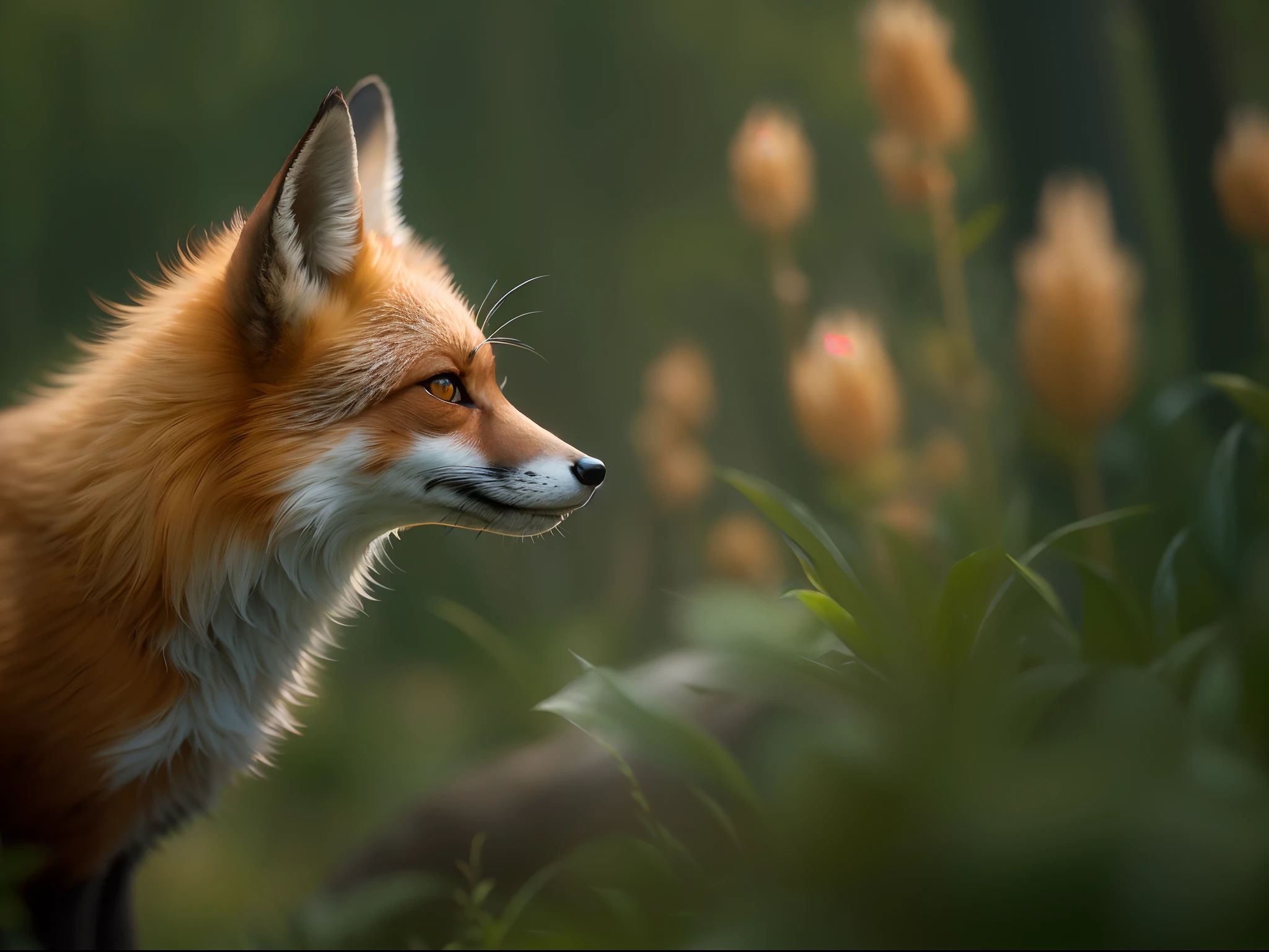 Photo of a red fox、A forest、haze、Halation、Floral、dramatic atmosphere、central、thirds rule、200mm 1.4f tiro macro、(texturas naturais da pele、Hiper-realismo、luz suave、Sharp:1.2)、(detalhe intrincado:1.12)、NFFSW、(detalhe intrincado、ultra-detalhada:1.15)、arte de Greg Rutkowski e Artgerm、soft cinematic lights、Adobe Lightroom、photolab、NFFSW、Complicado、ighly detalhado、(profundidade de campos:1.4)