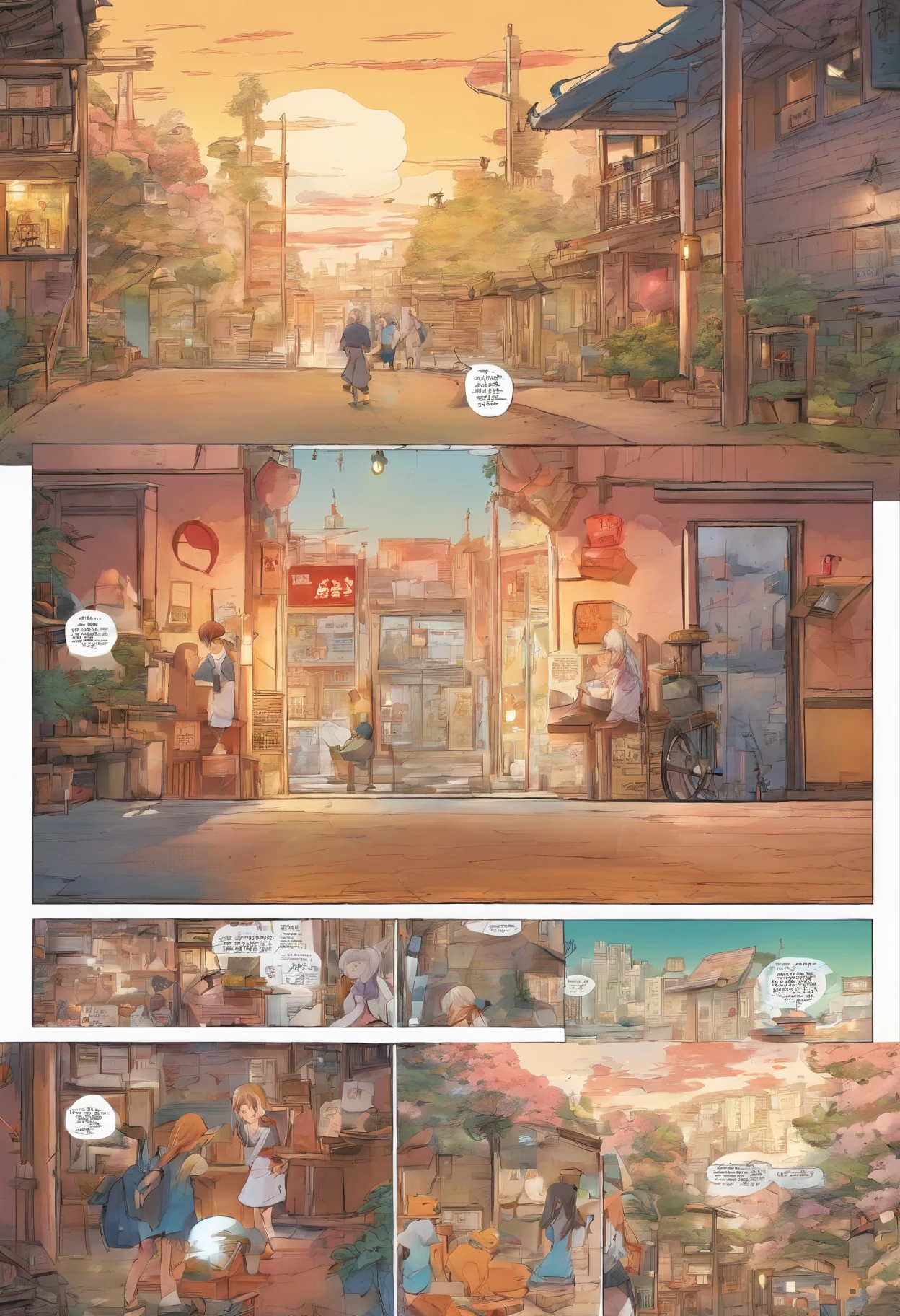 Japanese manga is presented in several irregular panels with colors. A small, white-haired wolf girl struggles while running away from home and then reuniting with her nekos friends. The style is exaggerated and detailed