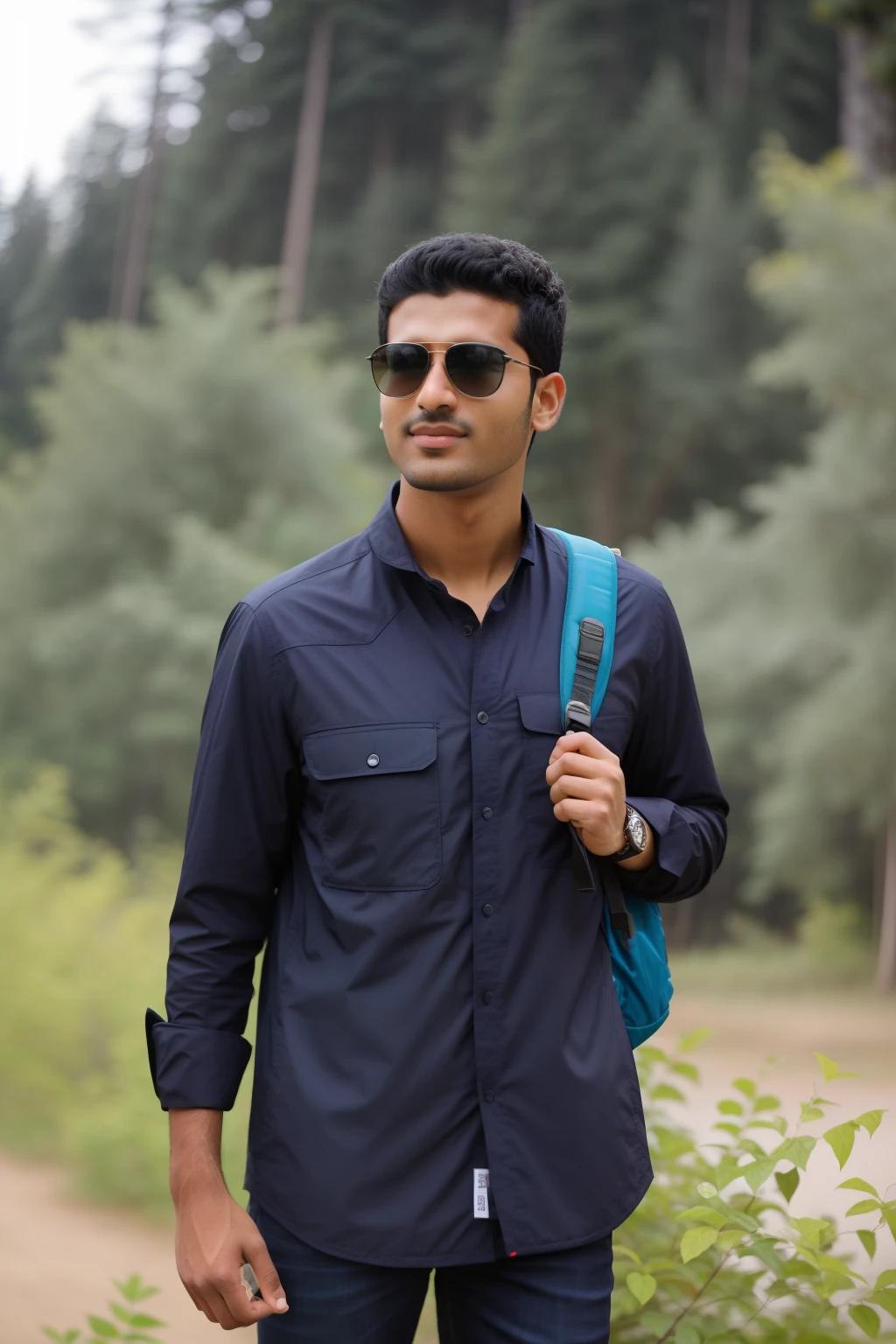 arafed man with sunglasses and a backpack standing in a park, with sunglass, mohamed chahin style, with lovely look, with accurate face, ayan nag, with a cool pose, student, in front of a forest background, taken with canon 8 0 d, nivanh chanthara, riyahd cassiem, mohamed chahin, casual photography, details, high quality, beautiful view, light