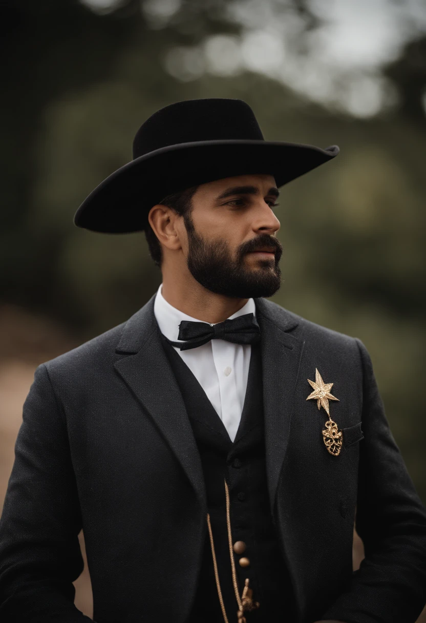 Homem roupas de cangaceiro, cangaceiro hat, type Virgulino Ferreira Lampião, coletes, broches, cartucheiras e embornais bordados, hat of the king of cangaço, com estrelas de couro,