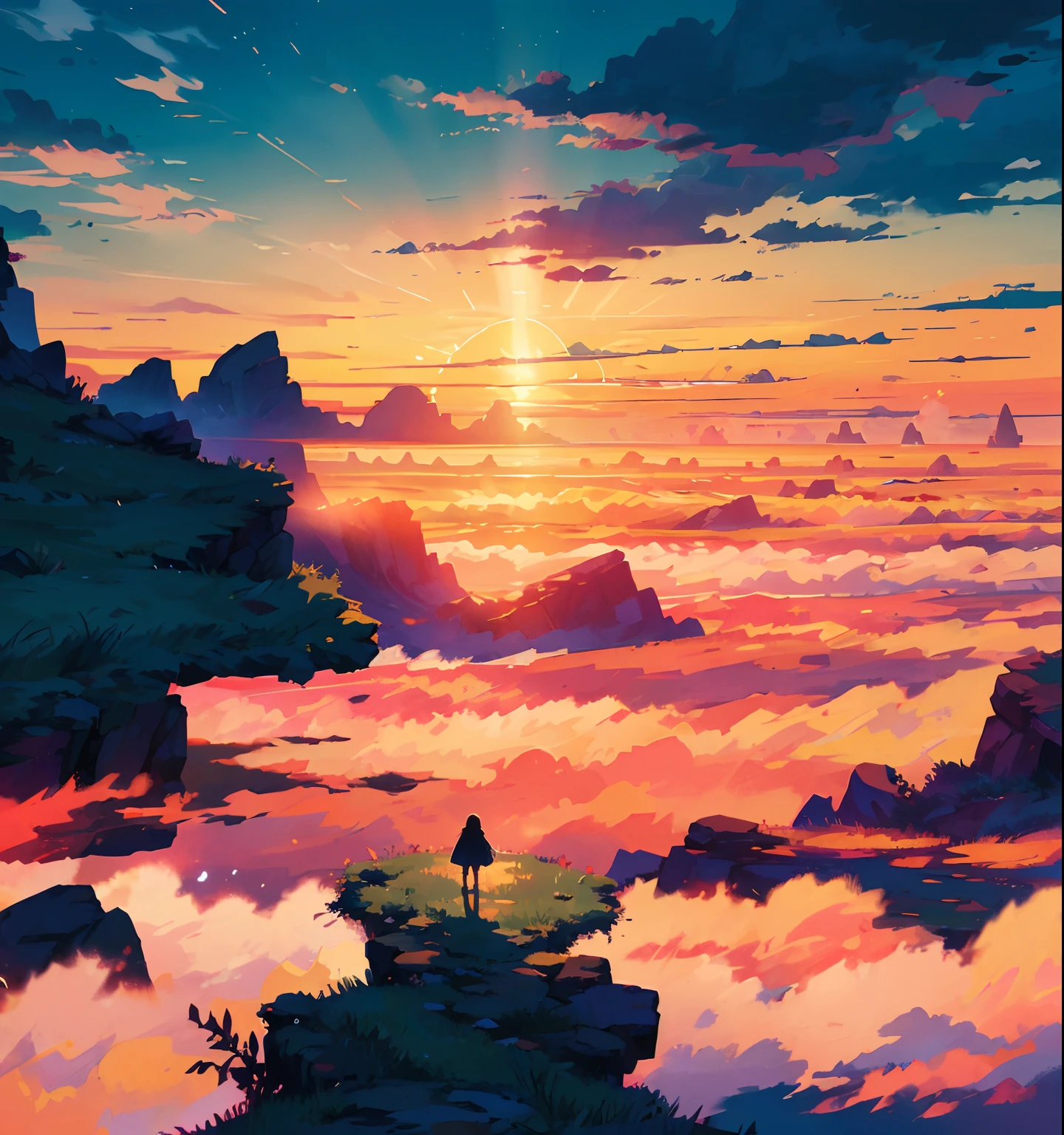"A mesmerizing sunset scene with a girl mesmerized by the majestic golden rays of sunlight and clouds, creating an awe-inspiring and vivid color palette. Masterpiece."