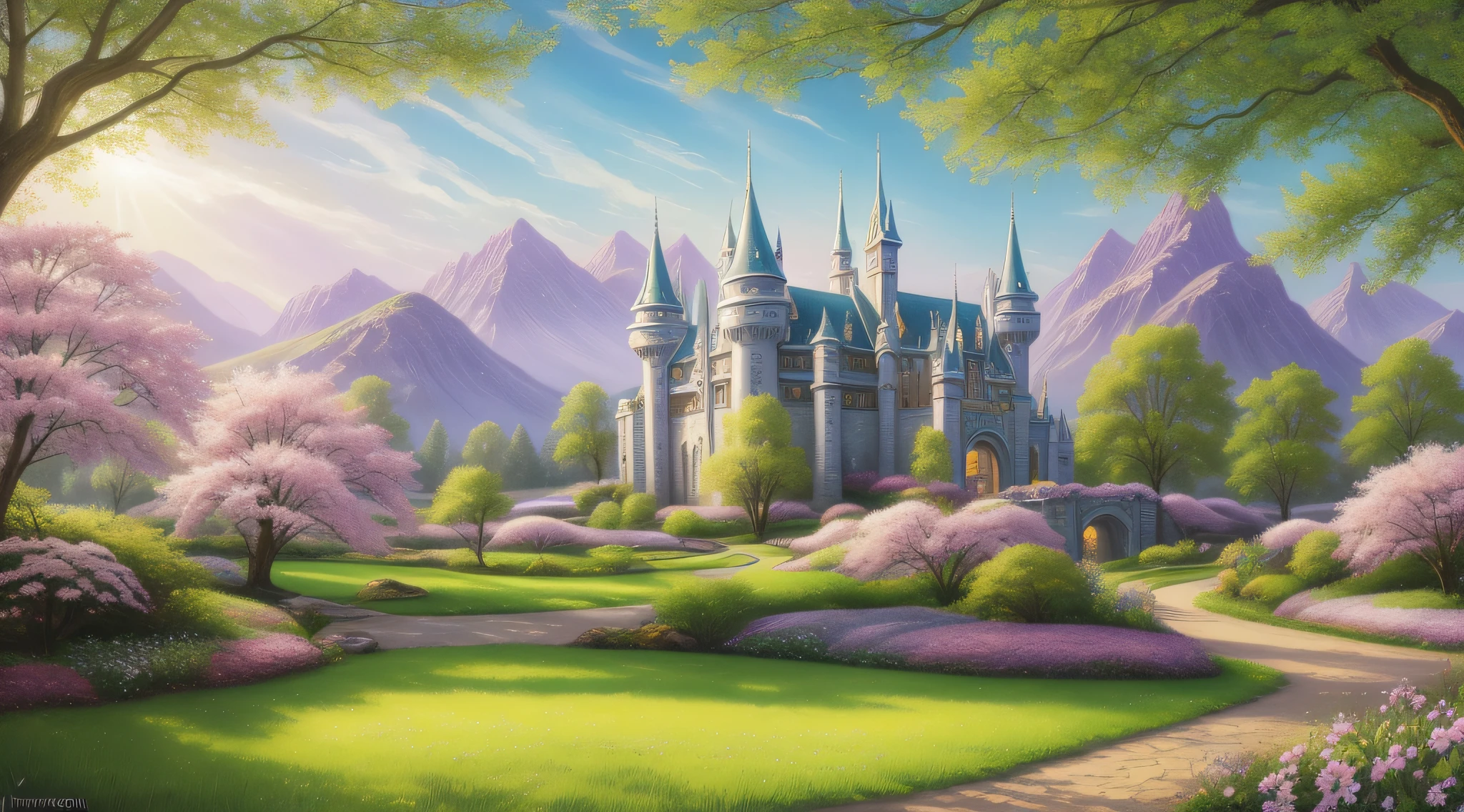 spring landscape, spring flower castle, fantasy art, enchanting realms, john avon, inspiration, fairytale, light green and light violet,masterpiece, real