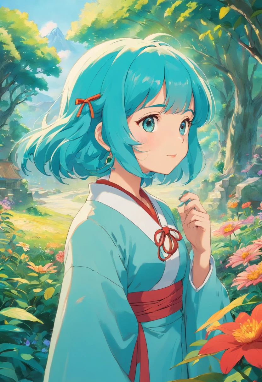 uma menina usando um colar de anime, um colar longo e brincos, no estilo de paisagens de jardim tranquilas, animated color photos, Masami Teraoka, aquamarine, Paulo Gauguin, Estilo Embry, retrato honesto