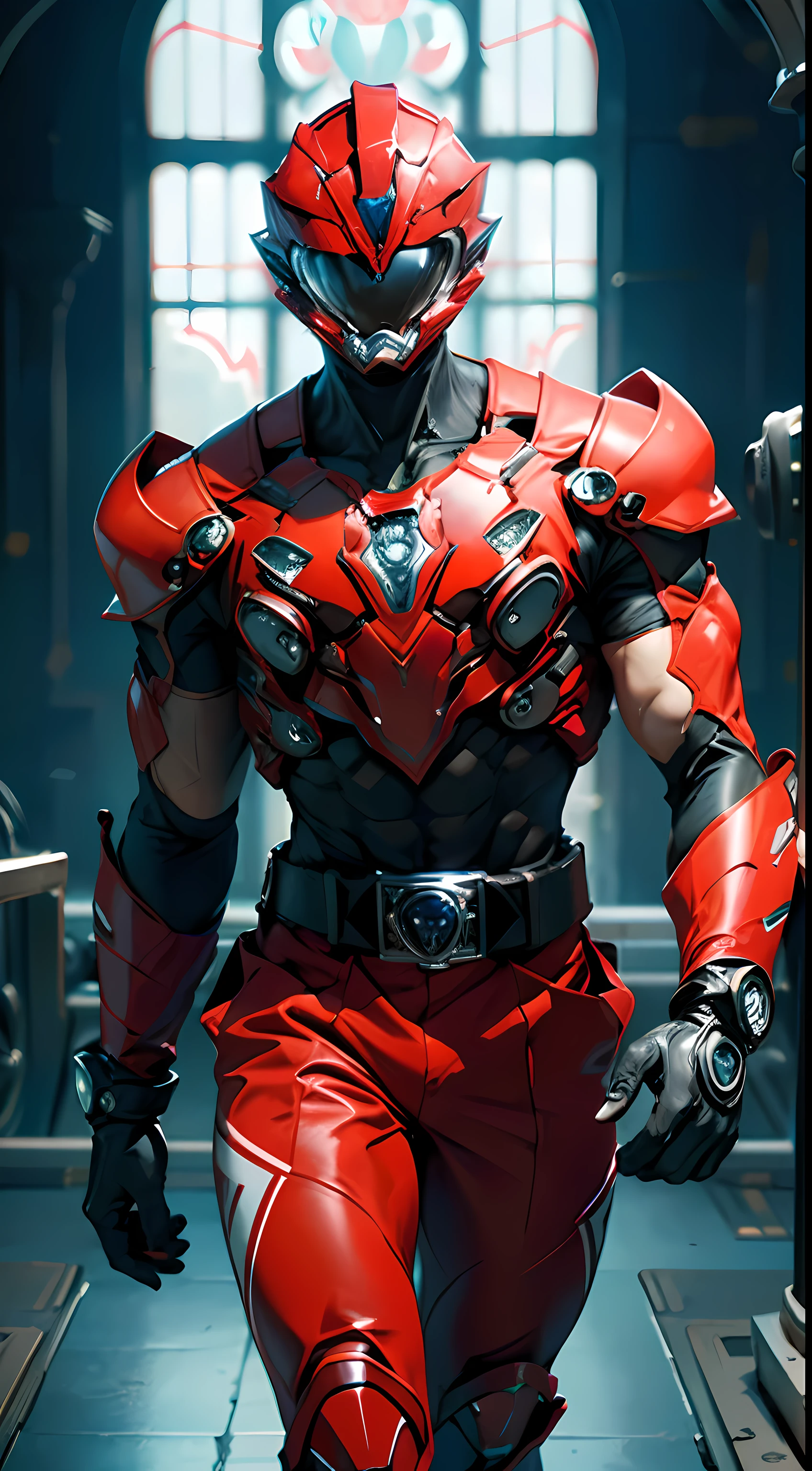 ((power rangers)), One guy、 Red costume, Solo, ((Slim figure)), (Anatomically correct), Cowboy shot, masked face, (Red composite tracksuit), (Well-designed hero set), Suitable for complex production lines, Thin one-piece influencer suit, Long leather gloves to white elbows,,,,, The arm sleeve is made of hard material, White leather boots, Wearing a full-face helmet, (White belt), (Large metal clasp), (Full body suit), (Full face helmet，No exposed face), Crystal embedded in the helmet, (Very shiny sportswear), Silk weave set, gym clothes that adhere to the body