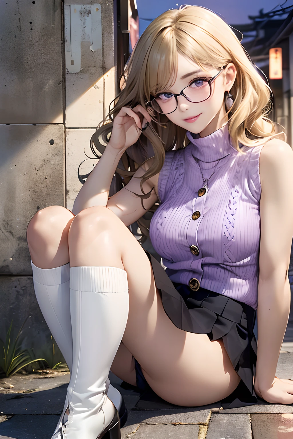 (Masterpiece:1.3), high resolution, Ultra detailed, Extremely detailed Cg Unity 8K wallpaper, Realistic, photo-realistic, RAW photo, Beautiful detailed face, Pale skin, realistic glittering skin, Detailed cloth texture, Detailed hair texture, Perfect body, Beautiful face, Accurate, Anatomically correct, Highly detailed face and skin texture, Natural neck length, (Beautiful hands), (Fair skin:1.2), Thin legs, Thin feet,
Break,
Detailed eyes, symetrical eyes, Light brown eyes, Double eyelids, Thin eyebrows, (Glossy lips:1.4), (gently smiling:1.2),
Break,
(NSFW:1.2), (Elegant and cute girl:1.3), (1 girl, One girl), ((Wear a violet sleeveless buttonhole sweater:1.3)), (Pleated mini skirt of white colors), (Long boots), (Wearing glasses:1.1),
(Medium large breasts, Slender figure, Firm Abs, Firm breasts:1.2), Beautifulcollarbone,
(Blonde hair, Wavy hair, Long hair:1.3), ((Asymmetrical bangs:1.2)),
Break,
((Walk the night shift street of Marunuti, Japan:1.3)), (From the side Side:1.2), (Look sideways at the audience:1.2), ((focus onface:1.2)), (Full body shot:1.2),