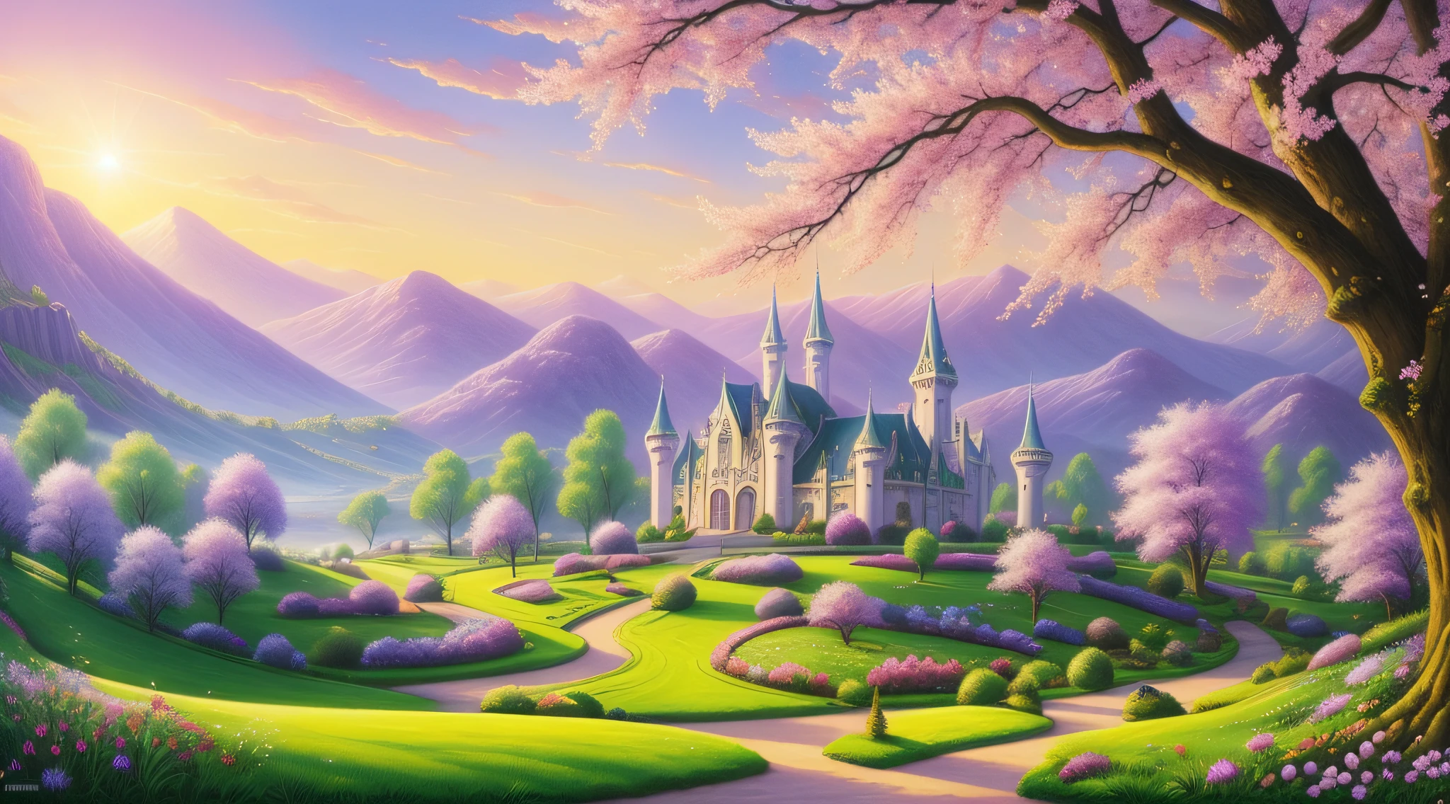 spring landscape, spring flower castle, fantasy art, enchanting realms, john avon, inspiration, fairytale, light green and light violet,masterpiece, real