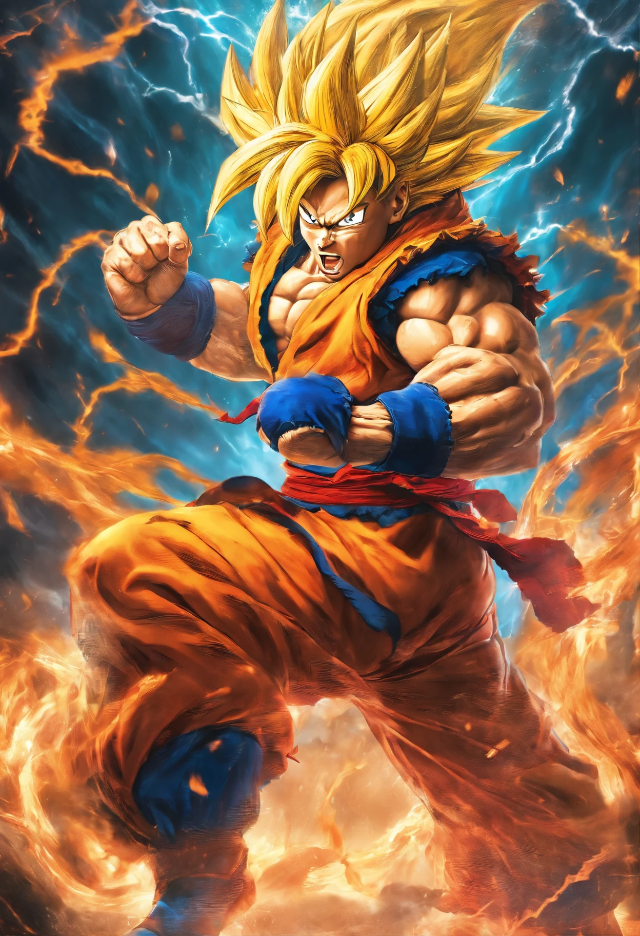 Realistic 3D rendering of Goku Super Saiyan fusion Aquaman, Surrounded by lightning, big muscle, full body photo shot, hyper realisitic