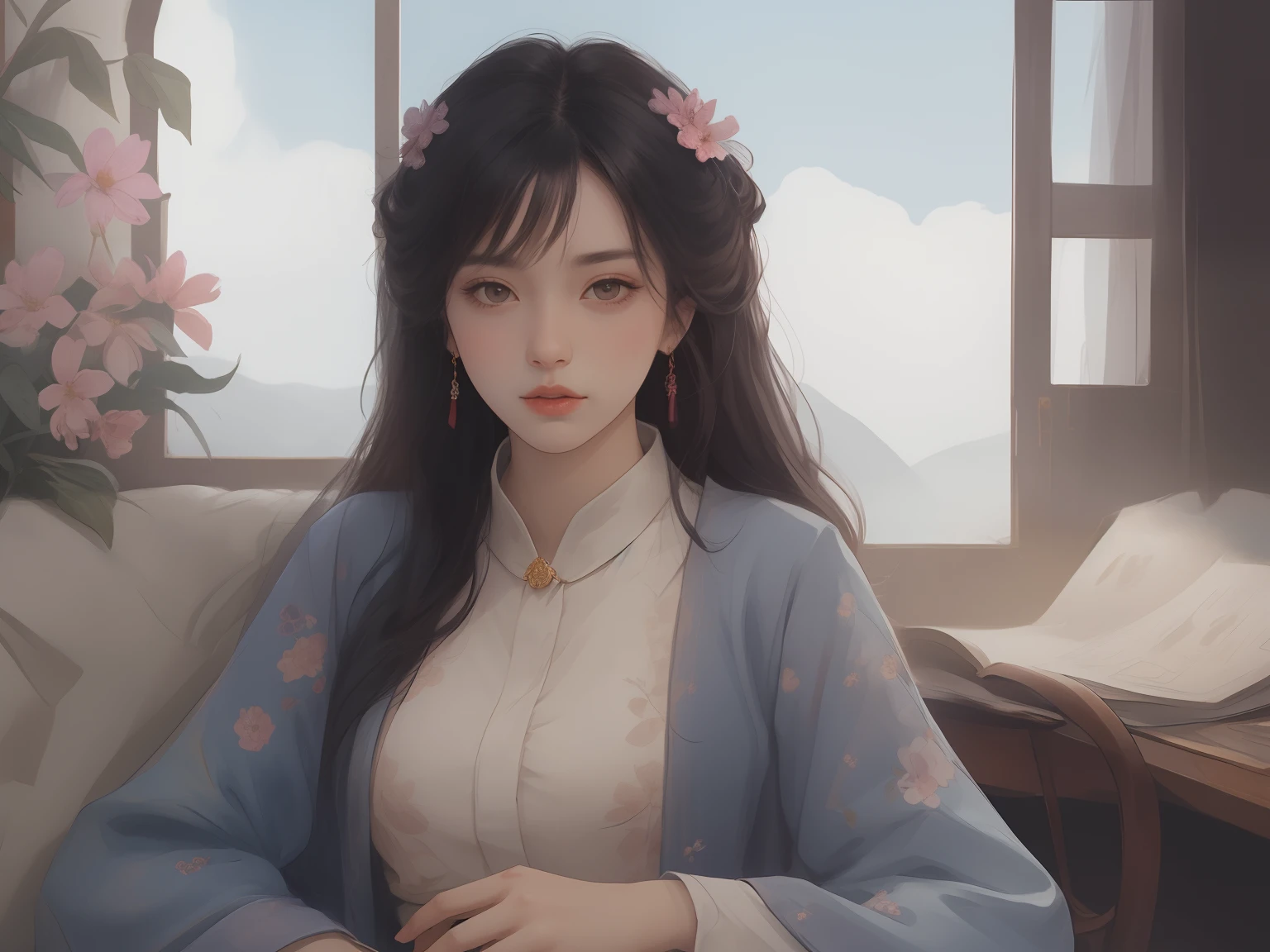 1 flat-chested girl,Close-up of upper body portrait,Slim and flat body,smallunderboob,Black color hair,floated hair,Hazy beauty,Extremely beautiful facial features,Orange-pink embroidered tulle dress,with a hairpin on her head,Lie among colorful flowers,Surrounded by flowers,Surrounded by flowers,Perfect anatomy,(Skinny figure,flatchest),Light blue flowers,(springtime, Rainy days, terraced, mountain ranges), Simple vector art, Contemporary Chinese art, the soft light,Overlooking