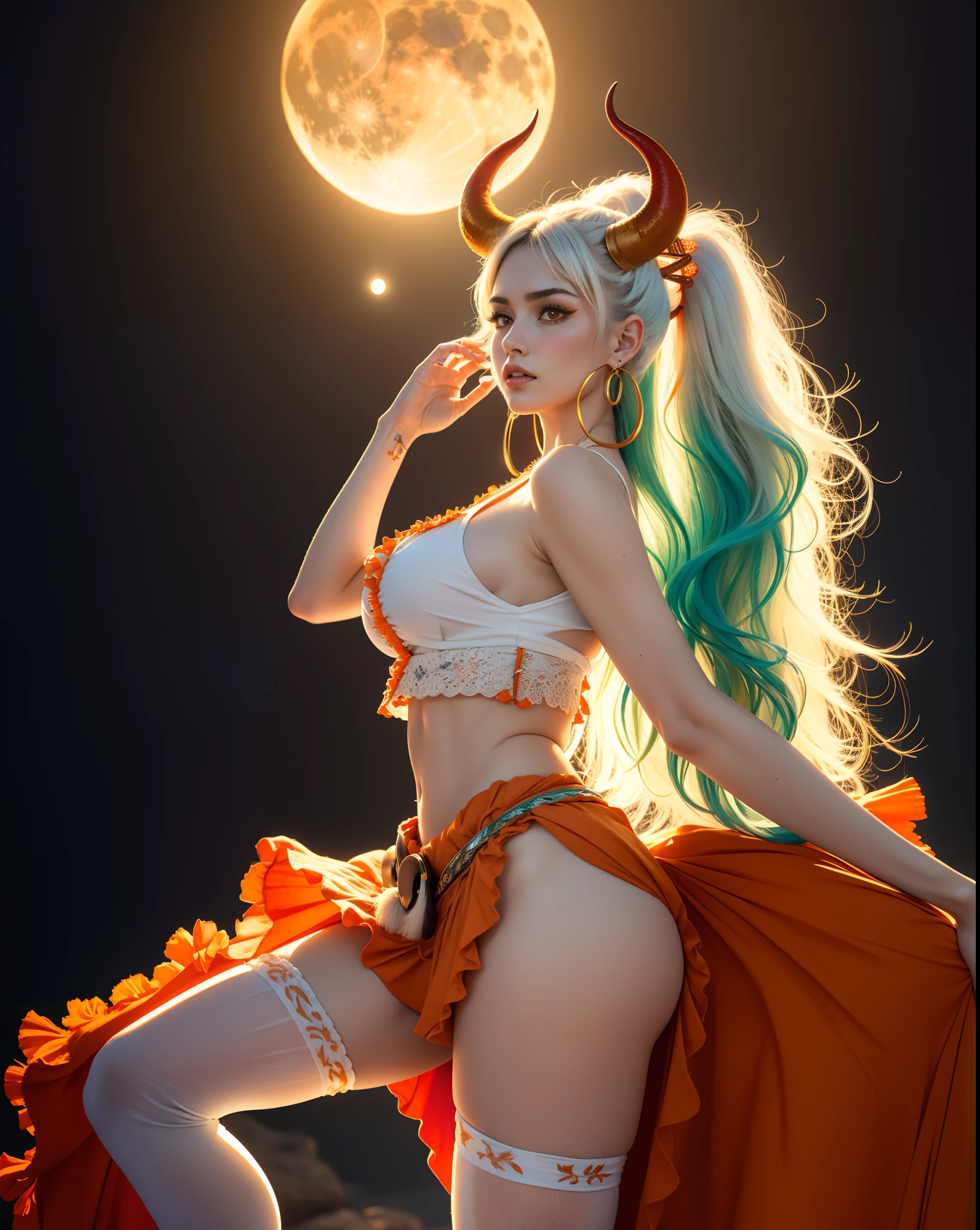 ultra realistic 8k cg, masterpiece, ((ultra detailed background, delicate pattern, intricate detail)), (highly detailed, fine details), best quality, (photorealistic:1.4),beautiful lighting, absurdres, RAW photo, film grain, ((large breasts, slim waist)), Yamato, long hair, 1girl, horns, white hair, solo, oni, red horns, curled horns, hair ornament, (multicolored horns), jewelry, earrings, japanese clothes, kimono, hair stick, sleeveless, bare shoulders, aqua hair, sidelocks, hoop earrings, orange frill skirt and white crop top shirt, ((orange eyes, slim waist, large breasts)), (complex detailed background, barren land, moon), (head to toe, orange thigh highs, full body shot)