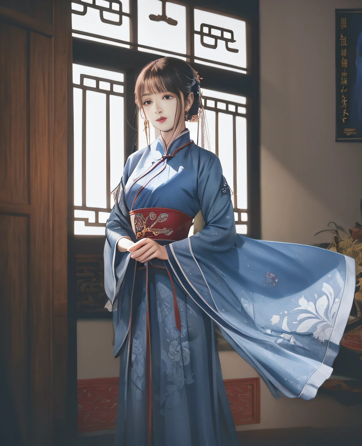 A woman in a blue dress，Movie poster standing in front of the window, illustrated novel, A girl in a cheongsam,  novel cover, Wuxia