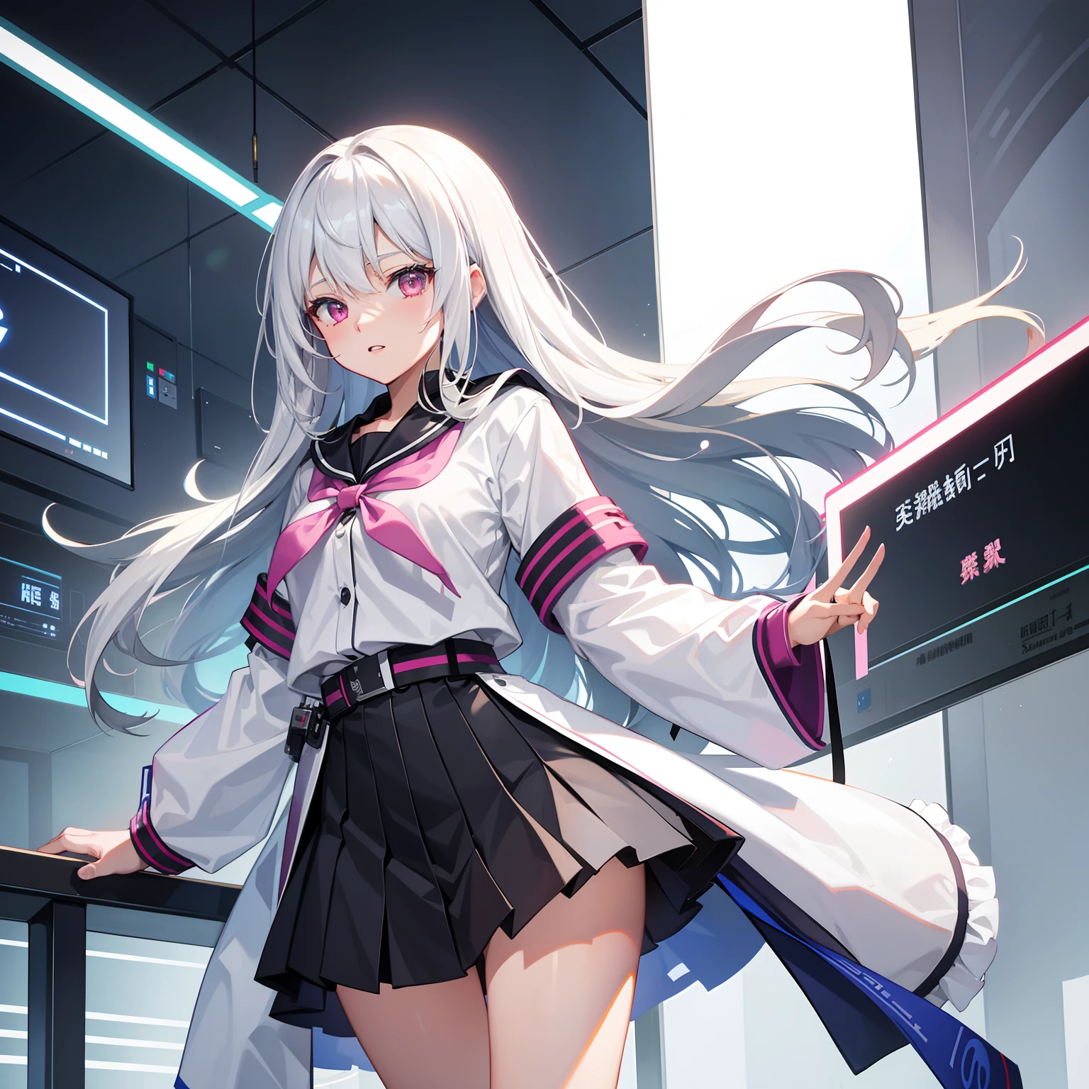 Future technology sense female high school student,校服,High-tech sense in school,A girl with long silver-white hair and waist,Pink eyes,Air bangs,Jump down from a height,Vigilant eyes