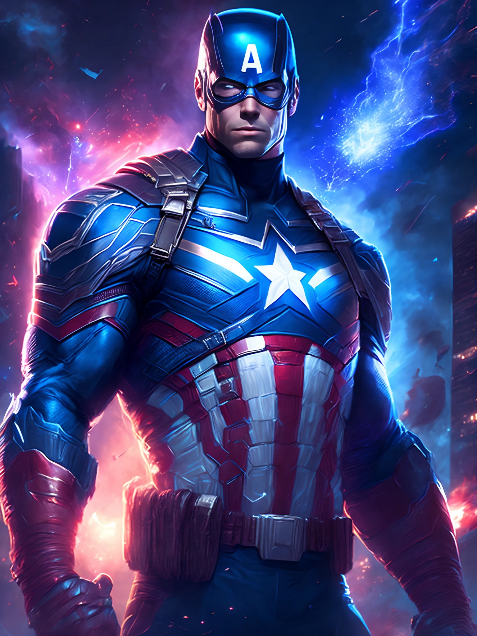 Marvel's Dark Portrait of God Captain America, extremamente detalhado, futuristic cityscape, noite, glowing neon lights, smoke billowing, Sparks, Metal shavings, Detritos voadores, efeitos da energia azul, volumetric light