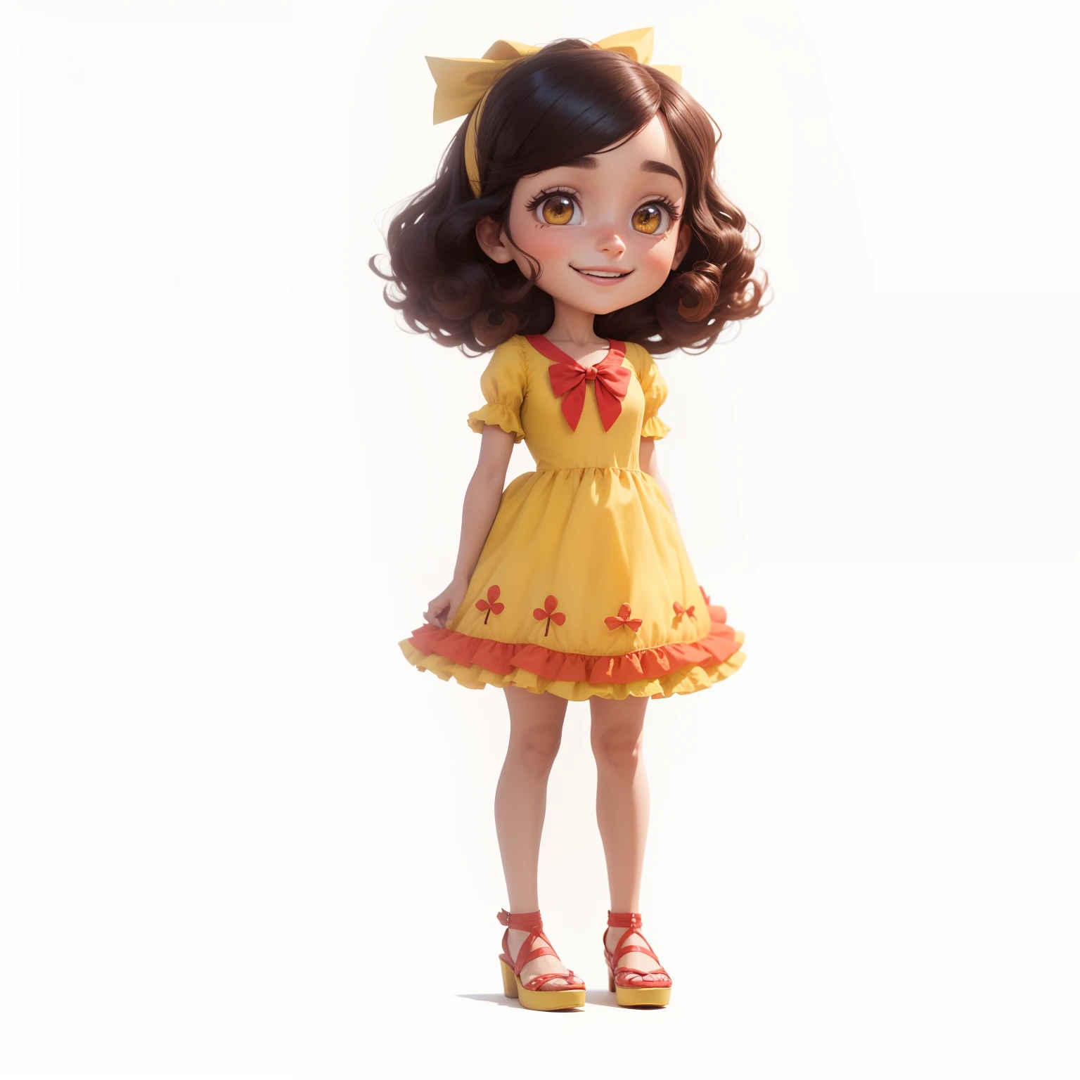 personagem feminina, Estilo dos desenhos animados da Pixar, garota, portanto, cabelos ondulados, olhos castanhos, com um vestido amarelo, sapatos vermelhos, and a red bow in her hair, she is with her arms raised, very cheerful and celebrating a Victory;