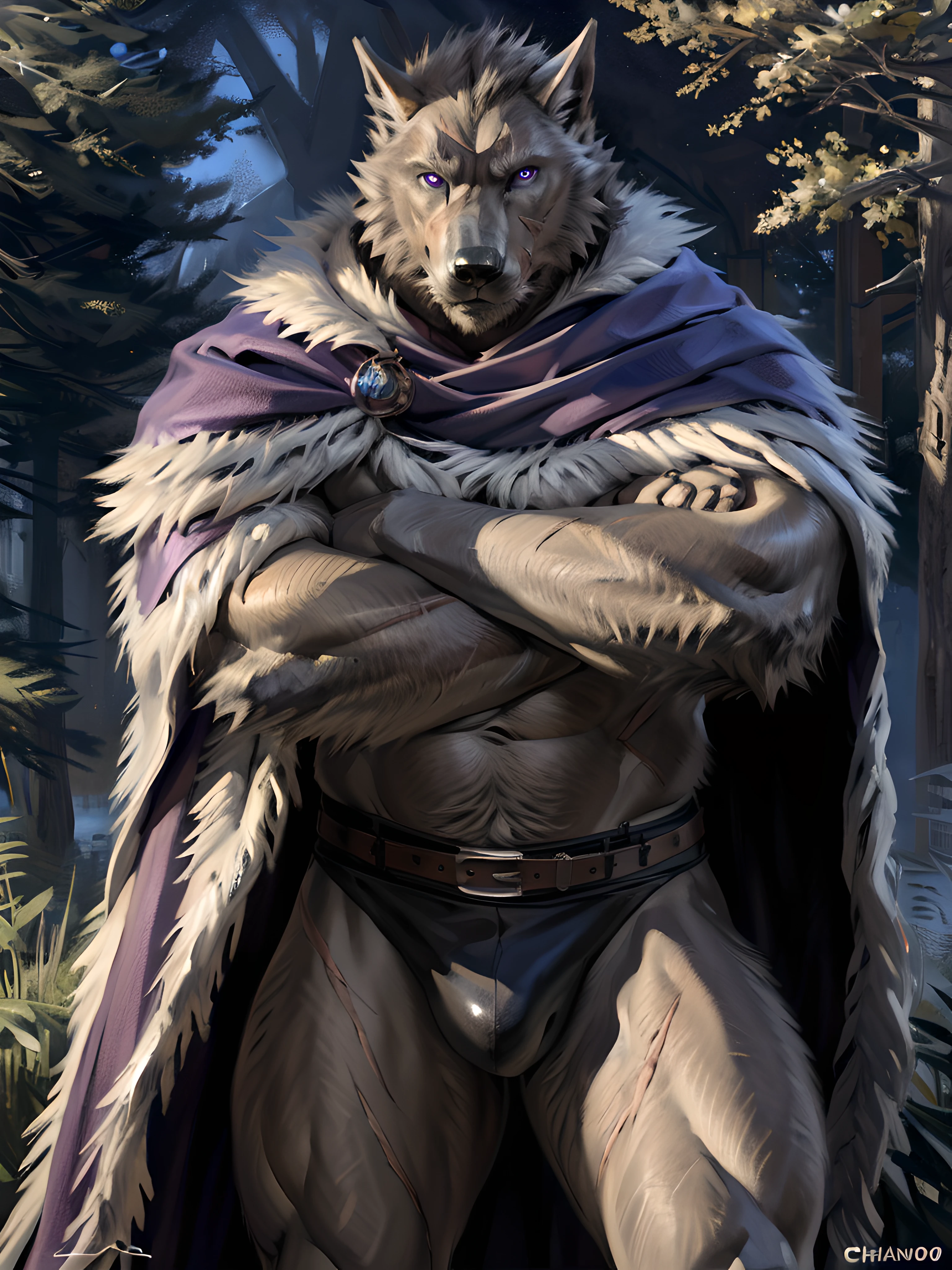 blaidd, in partial shadows, cape. 4k, high resolution, best quality, perfect colors, perfect shadows, perfect lighting, posted on e621, furry body, solo, male, adult, bare chest, masculine, (very muscular, buff, heavyweight, strong chest:1.2), correct anatomy, (photorealistic fur, detailed fur, epic, masterpiece:1.2), (dark fantasy world background, trees, black sky, night, cold), (by Taran Fiddler, by Chunie, by Traver009, by wfa:1.1), (black leather underwear, belt:1.2), (detailed eyes, purple eyes:1.2), (half body:1.1), serious face, strong posture, (large scars on body, scars on face:1.1), visible breath, (veins, vascular:1.2), proud, soft shadows, (arms crossed:1.2), looking at viewer, messy fur, gruff