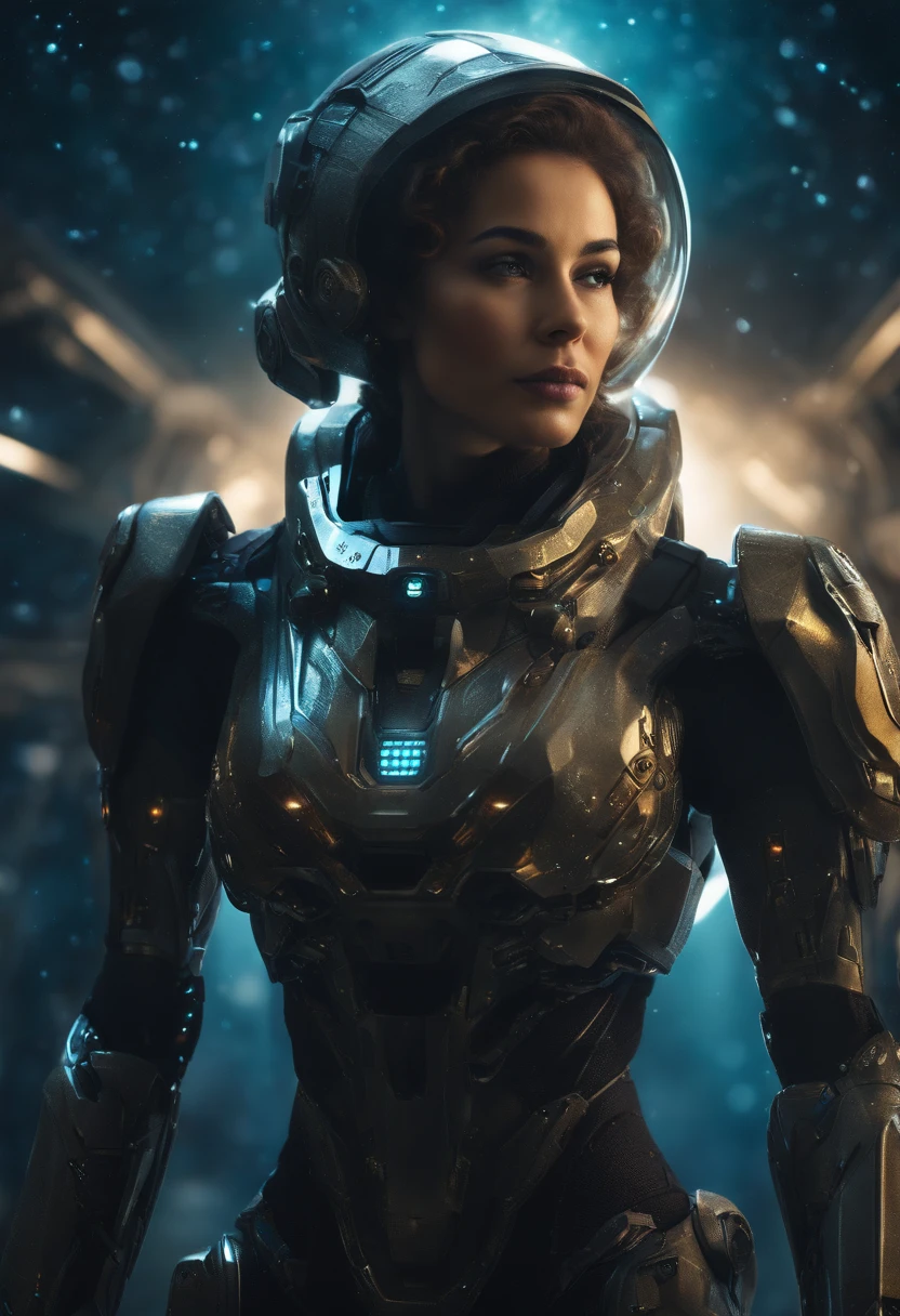 an award winning photograph of a beautiful woman, halo, intricate cyberpunk robot, highly detailed, soft bokeh Deep space nebula background, art by mooncryptowow and popular science