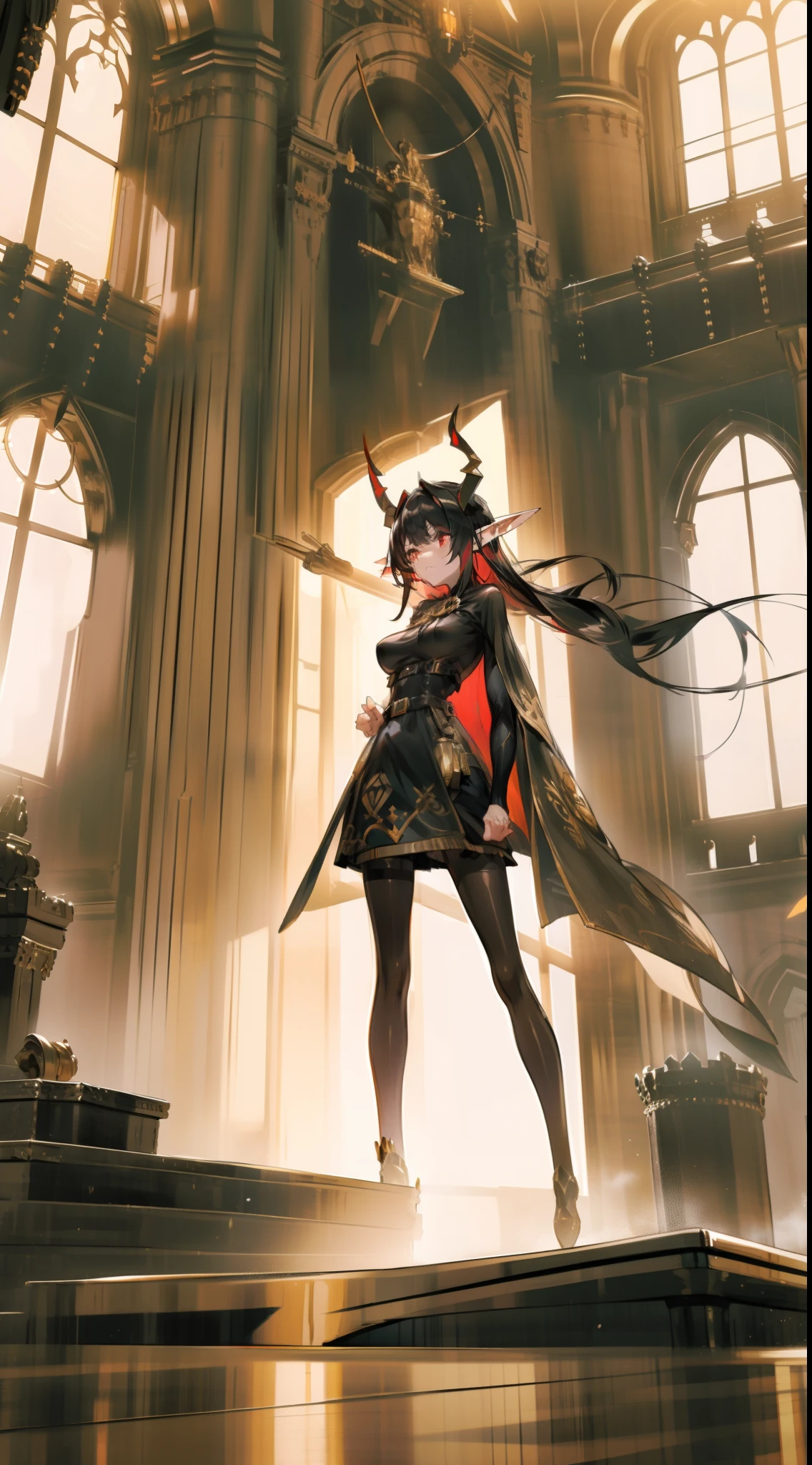 1woman,40s,solo,angry face,golden and black short dress,medium tits,black hair,long hair,red eyes,elves ears,golden horns,pantyhose,cape,(((standing in front of a room inside a castle)))