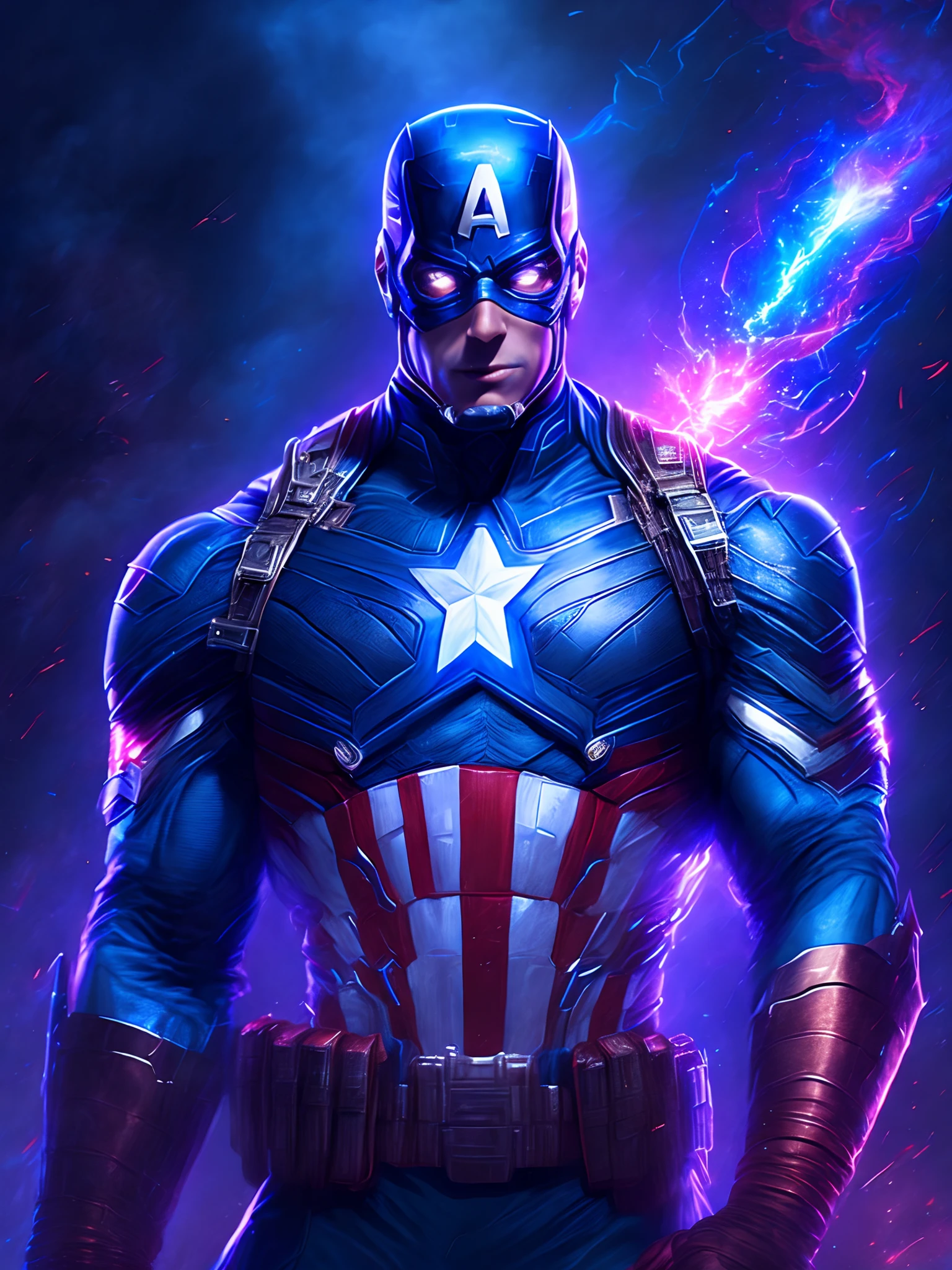 Marvel's Dark Portrait of God Captain America, extremamente detalhado, futuristic cityscape, noite, glowing neon lights, smoke billowing, Sparks, Metal shavings, Detritos voadores, efeitos da energia azul, volumetric light