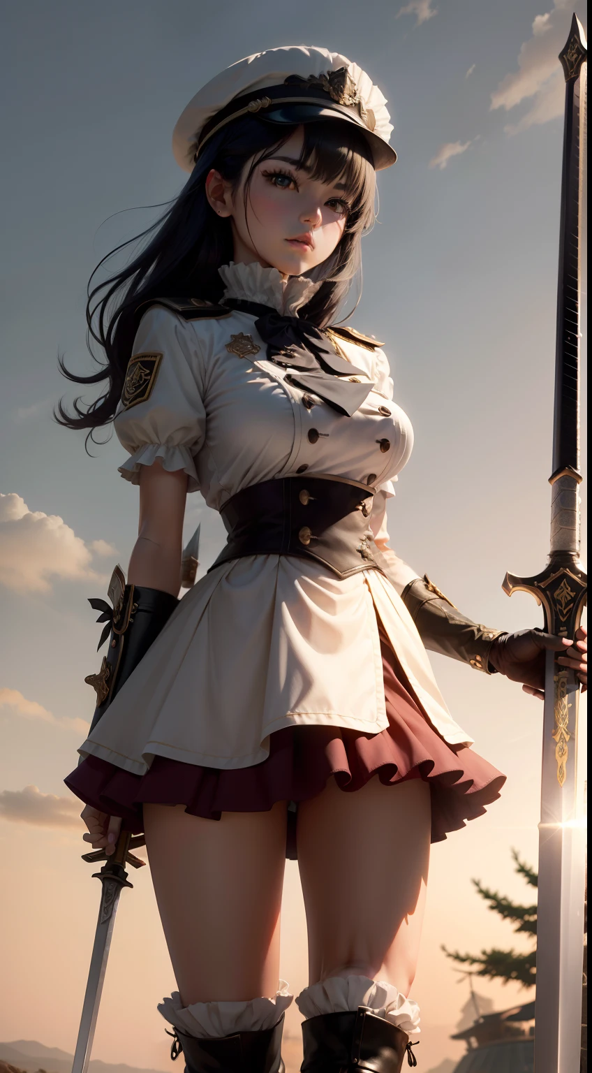 Ruffled uniforms、Hot pants under the skirt、odd eye、A dark-haired、boots、I'm carrying a great sword on my back、Hats