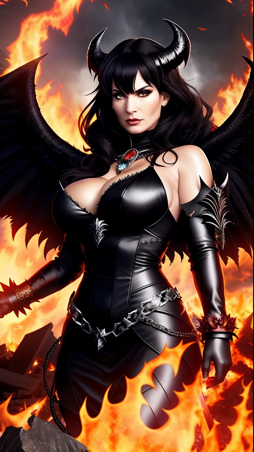 Ultra-detailed Lisa Ann stands atop a pile of burning ruins, Her diabolical and insidious presence radiating from her dark crown and black and red evil queen dress........................... Her demon wings on her back and demon horn give her an invincible aura as she unleashes a powerful wave of destruction with a single gesture....................................................