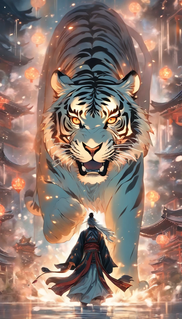 China-style，中景 the scene is，The Taoist priest stood in front of the huge transparent white tiger，Stretch your hands，Long messy hair，Glow effects，Hyper-realistic，Ultra photo realsisim，Chinese black and white ink style，Silver，Decolorization，Smudge，ink，8K，super-fine，high qulity，OC renderer