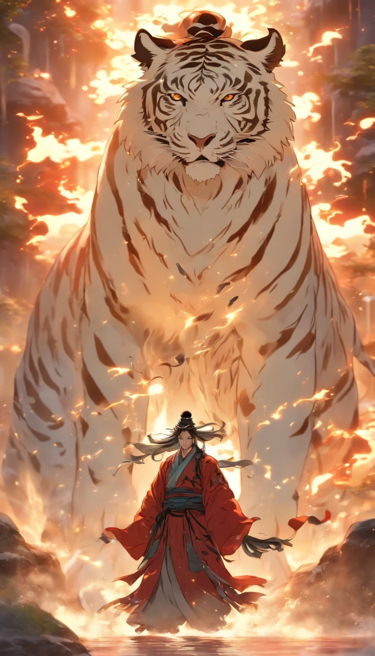 China-style,中景 the scene is,The Taoist priest stood in front of the huge transparent white tiger,Stretch your hands,Long messy hair,Glow effects,Hyper-realistic,Ultra photo realsisim,Chinese black and white ink style,Silver,Decolorization,Smudge,ink,8K,super-fine,high qulity,OC renderer