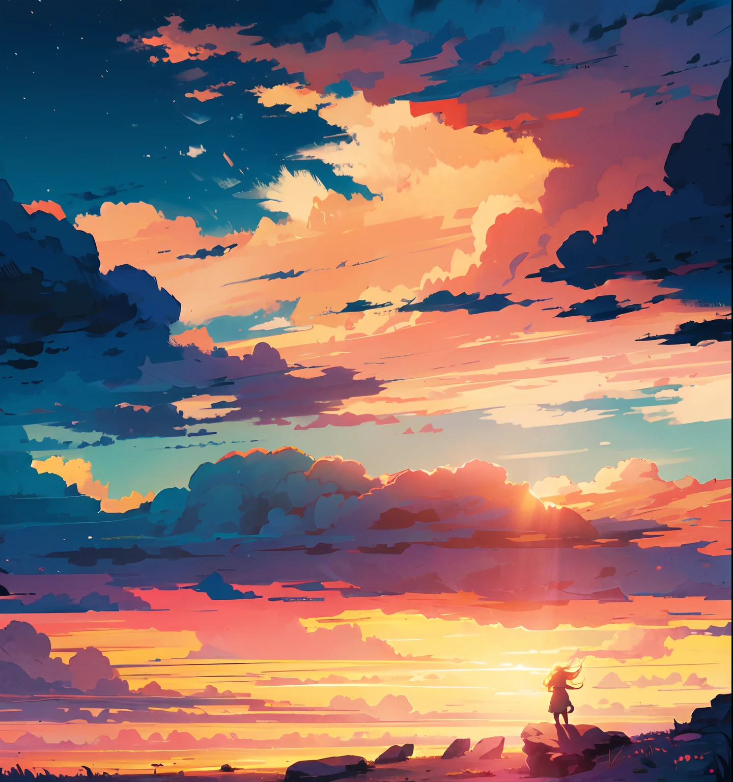 "A mesmerizing sunset scene with a girl mesmerized by the majestic golden rays of sunlight and clouds, creating an awe-inspiring and vivid color palette. Masterpiece."