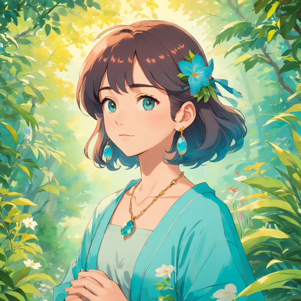 Girl wearing anime necklace, A long necklace and earrings, inthe style of tranquil gardenscapes, Animated color photos, Masami Teraoka, aquamarine, paul gauguin, Amber style, Honest portrait