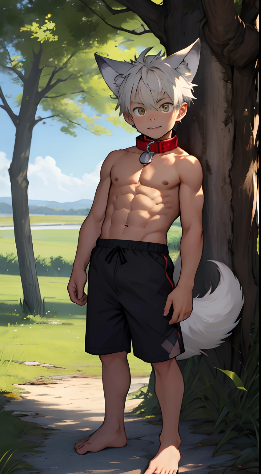 (Masterpiece, Best quality), 1 juvenile,Young boy,Keep your eyes wide open,largeeyes,a baby face,Teen faces,The child's face,nakeness,ssmile,Wheat-colored skin,with short white hair,Large, Sharp wolf ears,Flat chin,bare pectorals,short detailed hair,The color is very light,Golden eyes, 复杂, nakeness,Clear briefs,Pectoralis abdominal muscles,vivd colour,(depth of fields:1.2),(Abs),Barefoot,looking at viewert,Close up,Stand next to the tree,Wear a collar around your neck,Full body photo
