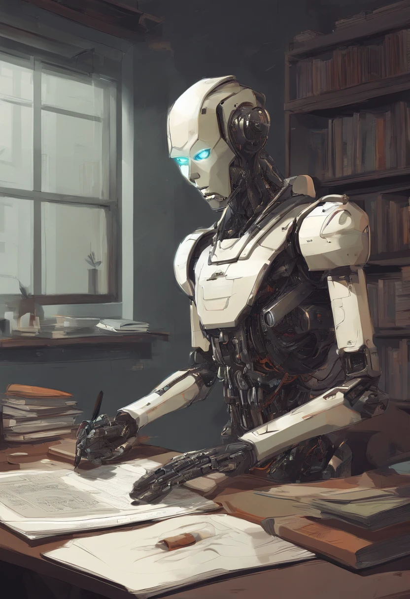a robot, com corpo translucido, sitting at a desk with a pen in his hand, escrevendo no livro, na sala com livros, wide vision, ultra realista, altamente detalhado, pintura digital, arte conceitual, suave, foco nítido, tiro grande angular