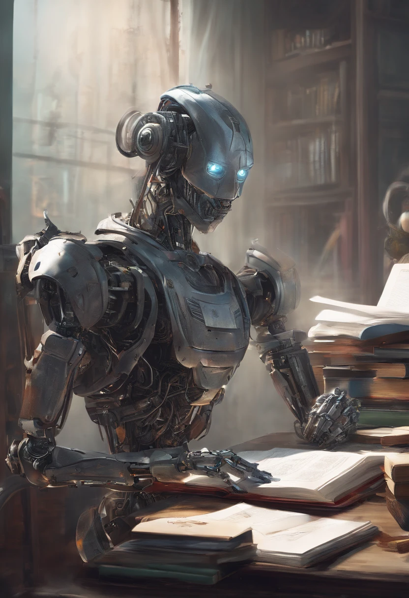 a robot, com corpo translucido, sitting at a desk with a pen in his hand, escrevendo no livro, na sala com livros, wide vision, ultra realista, altamente detalhado, pintura digital, arte conceitual, suave, foco nítido, tiro grande angular