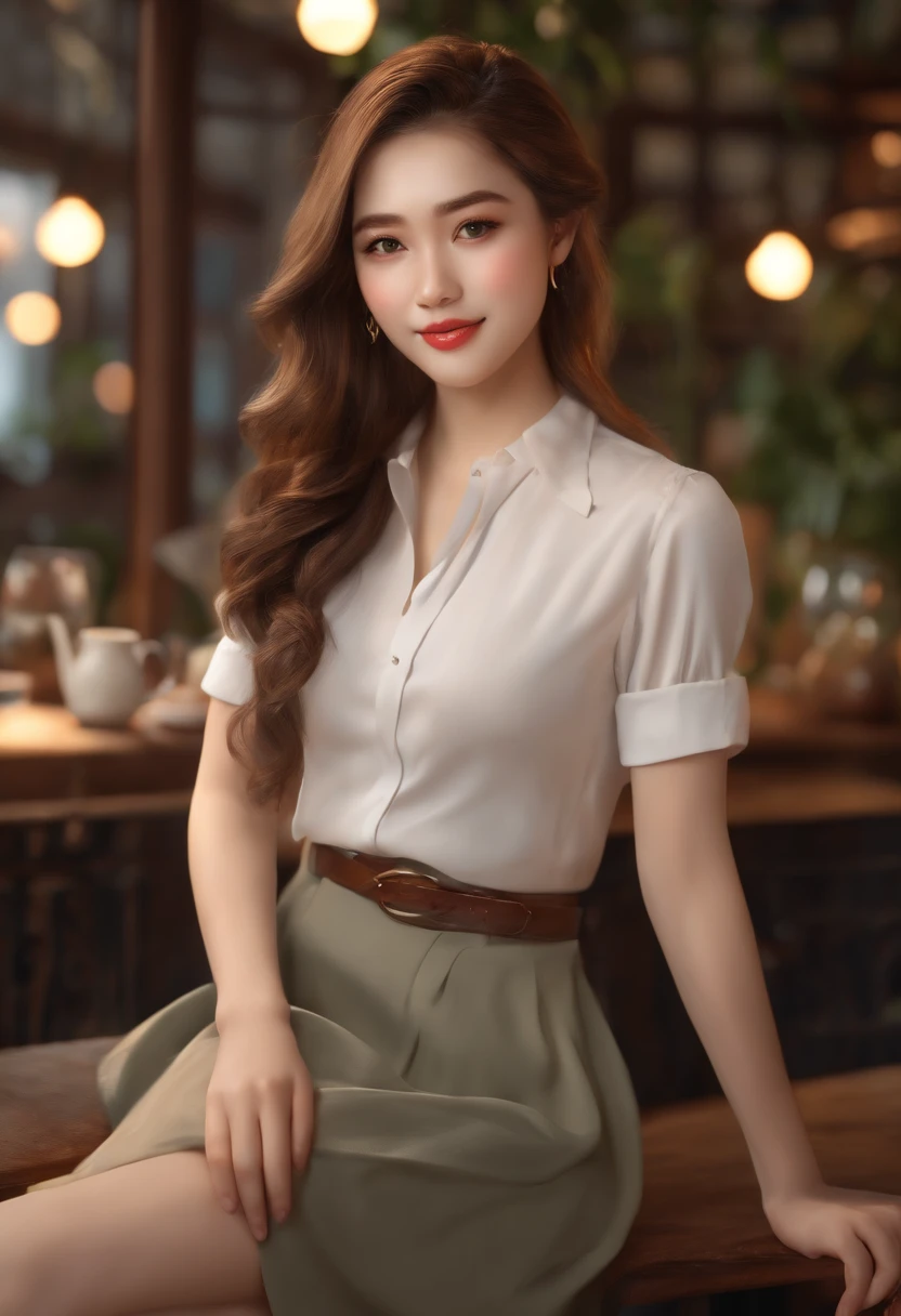 (high quality,4k,8k,highres,masterpiece:1.2),ultra-detailed,(realistic,photorealistic,photo-realistic:1.37),portraits,beautiful detailed eyes,beautiful detailed lips,long hair,uniform, girls,girl with long hair in casual dress sitting on a coffee shop, gesture,Mare,professional,vibrant colors,soft lighting,subtle shadows,messy bun,hair strands,buttoned-up shirt,pleated skirt,light breeze,stunning graceful posture,confident expressions,expressive eyes,curvy eyelashes,subtle blushing,sparkling highlights,sharp details,soft skin,precise shading,luminous atmosphere,dynamic composition,realistic rendering,sublime artwork, small rounded eyes, Chinese teen, glossy pink lips, alluring cute smile, show crossed legs