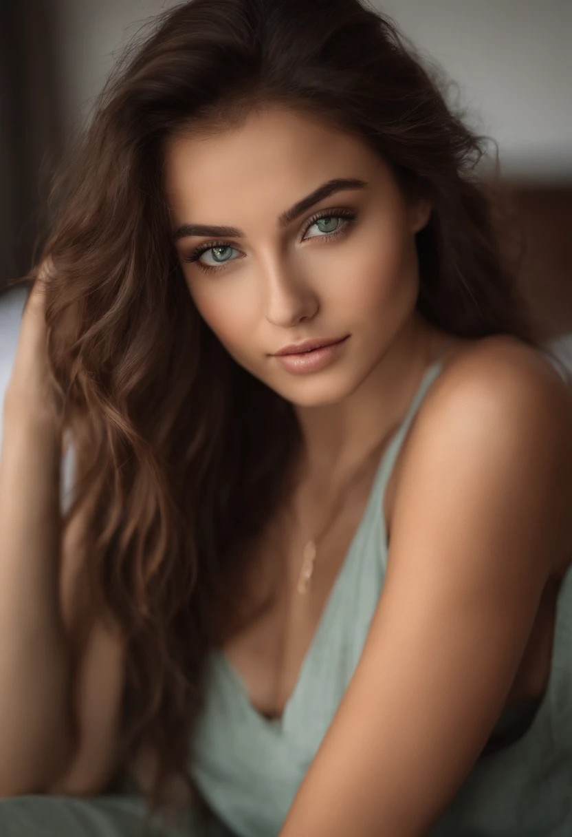 arafed woman with a white tank top and a necklace, sexy girl with green eyes, portrait sophie mudd, brown hair and large eyes, selfie of a young woman, bedroom eyes, violet myers, without makeup, natural makeup, looking directly at the camera, face with artgram, subtle makeup, stunning full body shot, piercing green eyes, beautiful angle, attractive pose, cute girl, sexy pose, full body picture, full body, full body shoot, brunette goddess, high detail, satisfied pose