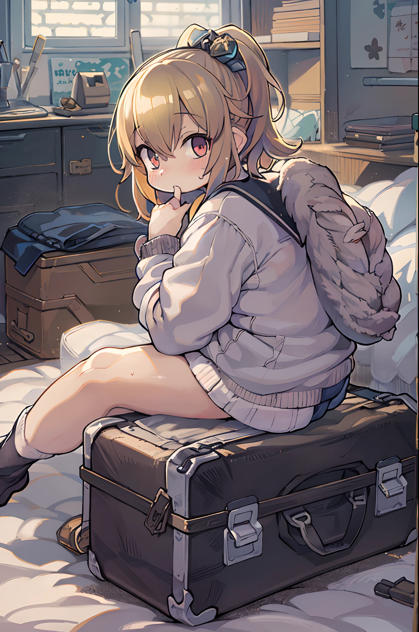Anime girl sitting on bed on suitcase background, the anime girl is crouching, Female protagonist 👀 :8, beautiful anime girl squatting, from girls frontline, Seductive anime dick girl, a female anime character, Anime. Soft lighting, 4k anime wallpaper, guweiz on pixiv artstation, badass anime 8 K, Rin,bbw、thick thight、big butts、Ultramammy